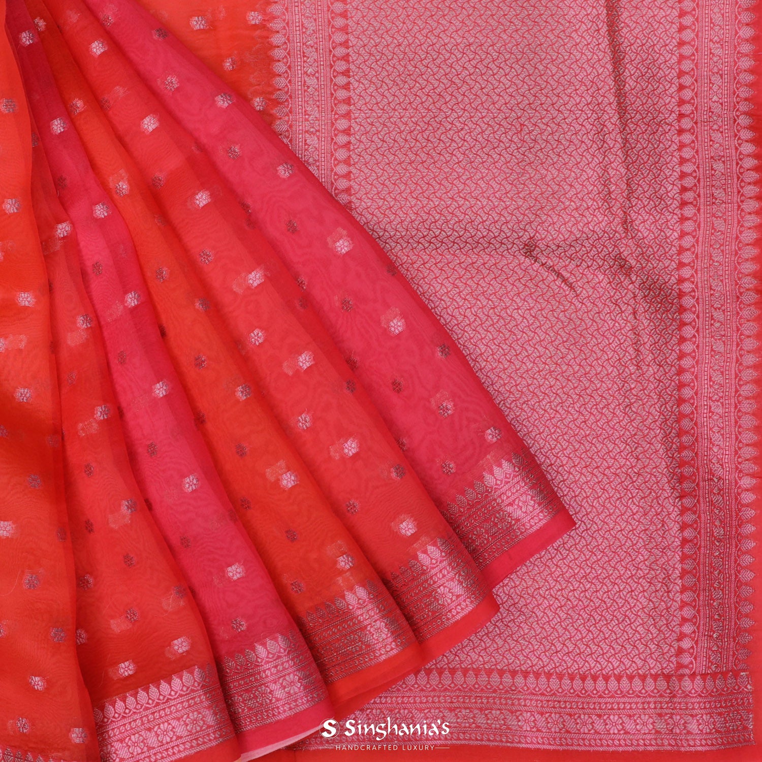 Watermelon Pink Organza Saree With Floral Banarasi Buttis