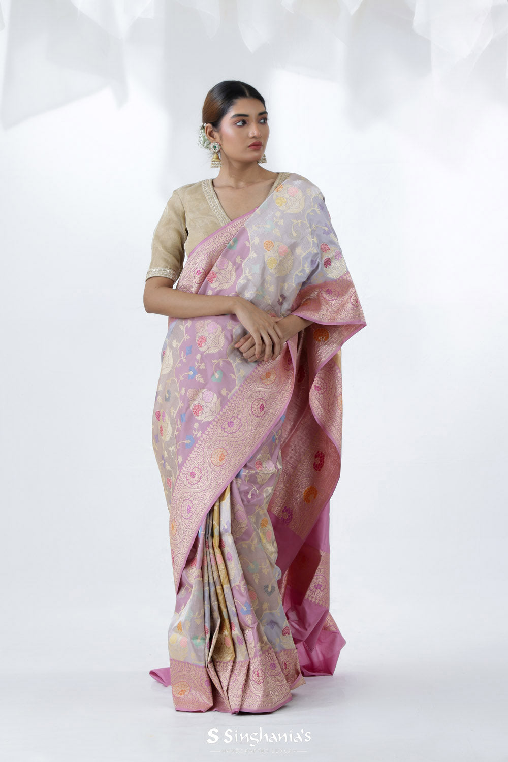 Pale Blue-Purple Rangkat Banarasi Silk Saree With Floral Design