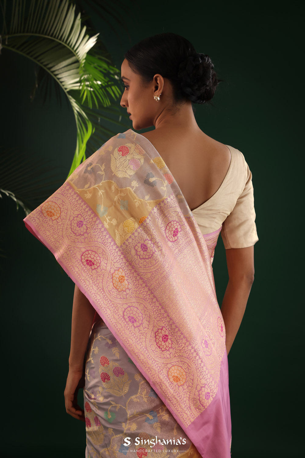 Pastel Purple Rangkat Banarasi Silk Saree With Floral Design