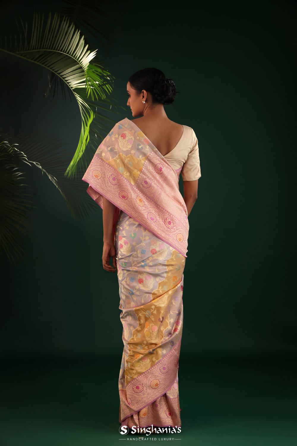 Pastel Purple Rangkat Banarasi Silk Saree With Floral Design