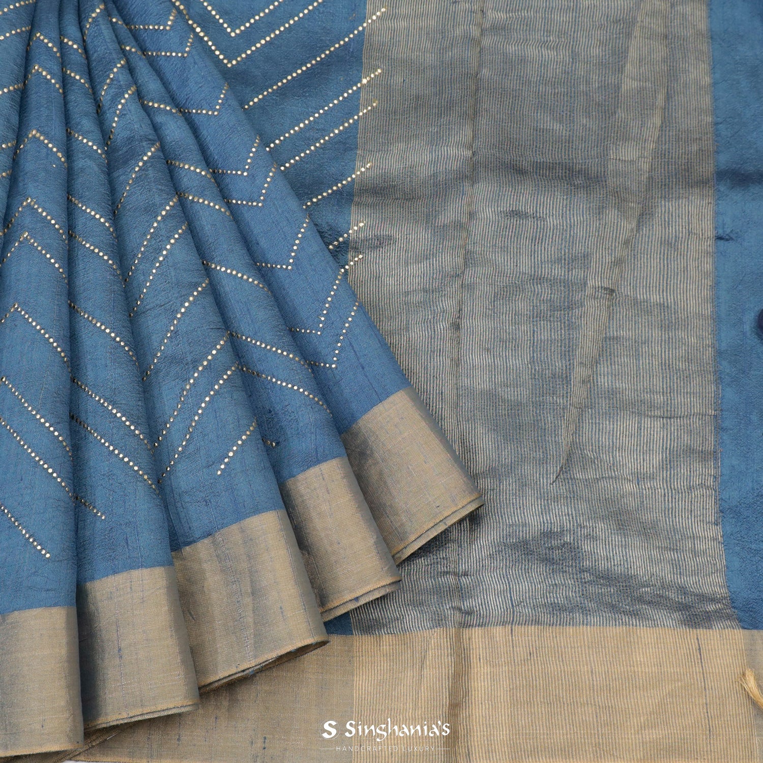 Dazzled Blue Dupion Saree With Foil Print