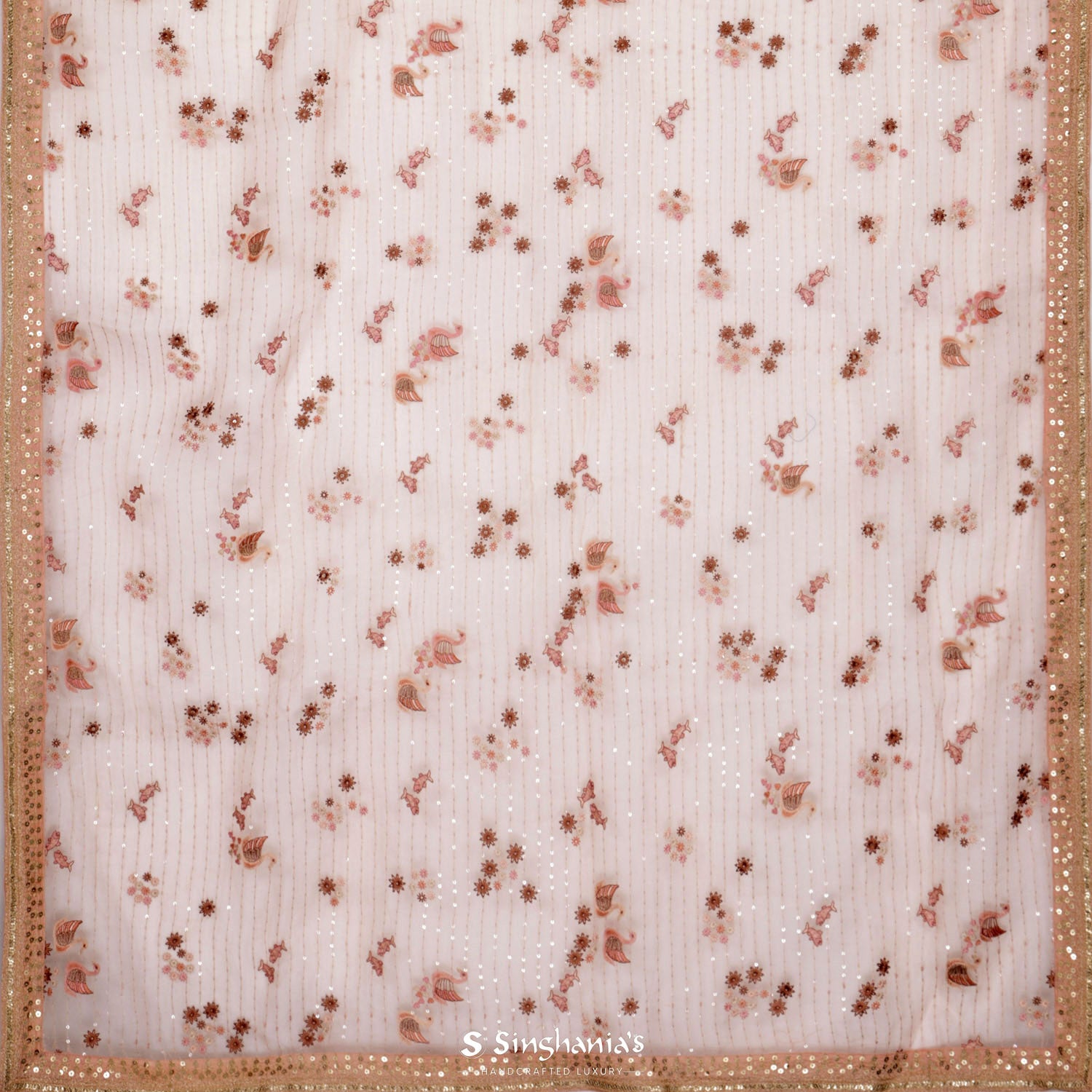 Apricot Orange Organza Saree With Flora-Fauna Thread Embroidery