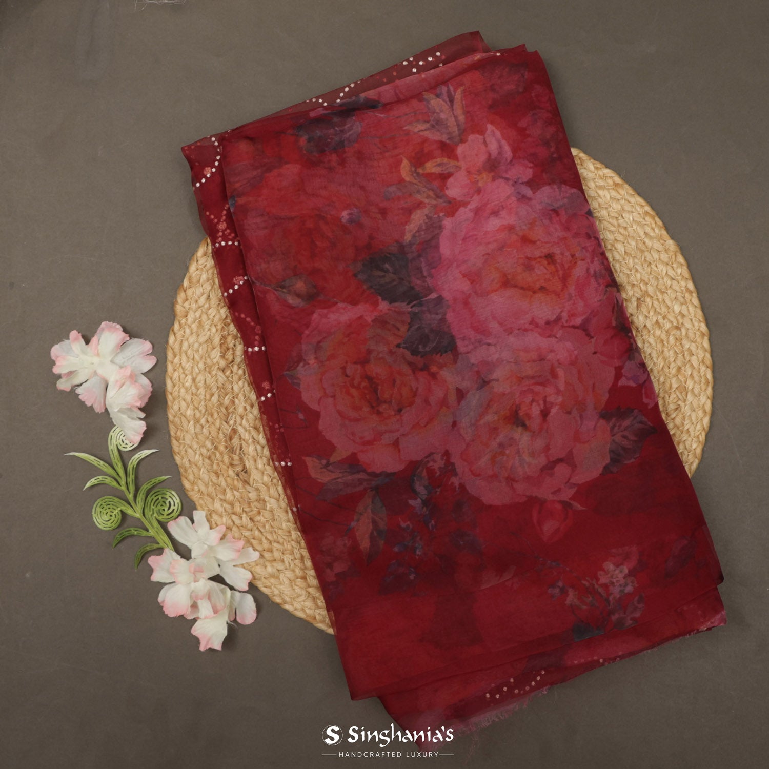Maroon Printed Organza Saree With Floral Pattern