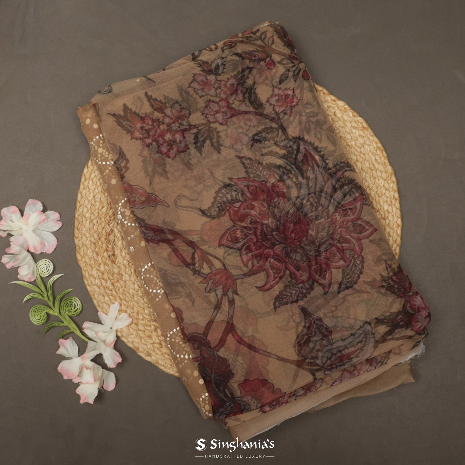Tan Brown Printed Organza Saree With Floral Pattern