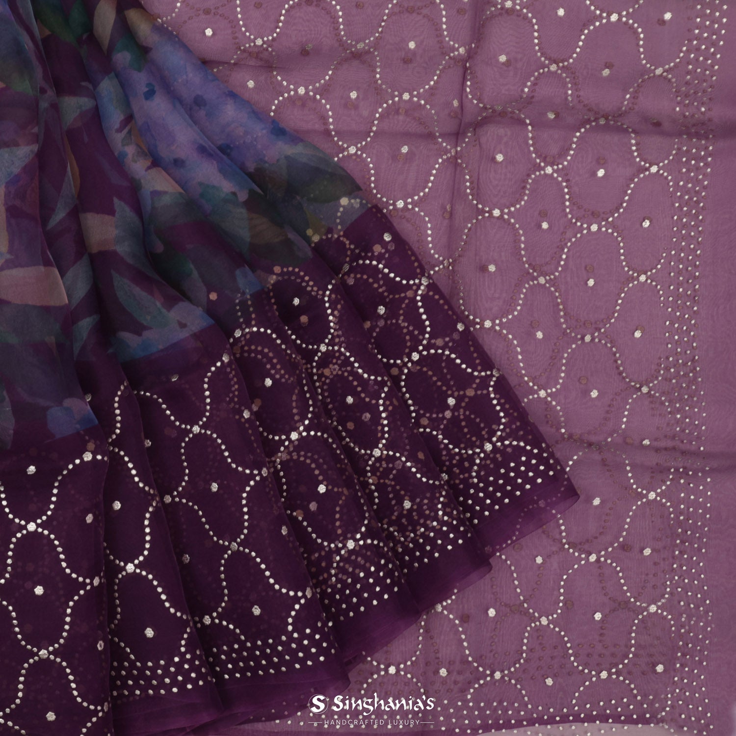 Eggplant Purple Printed Organza Saree With Floral Pattern