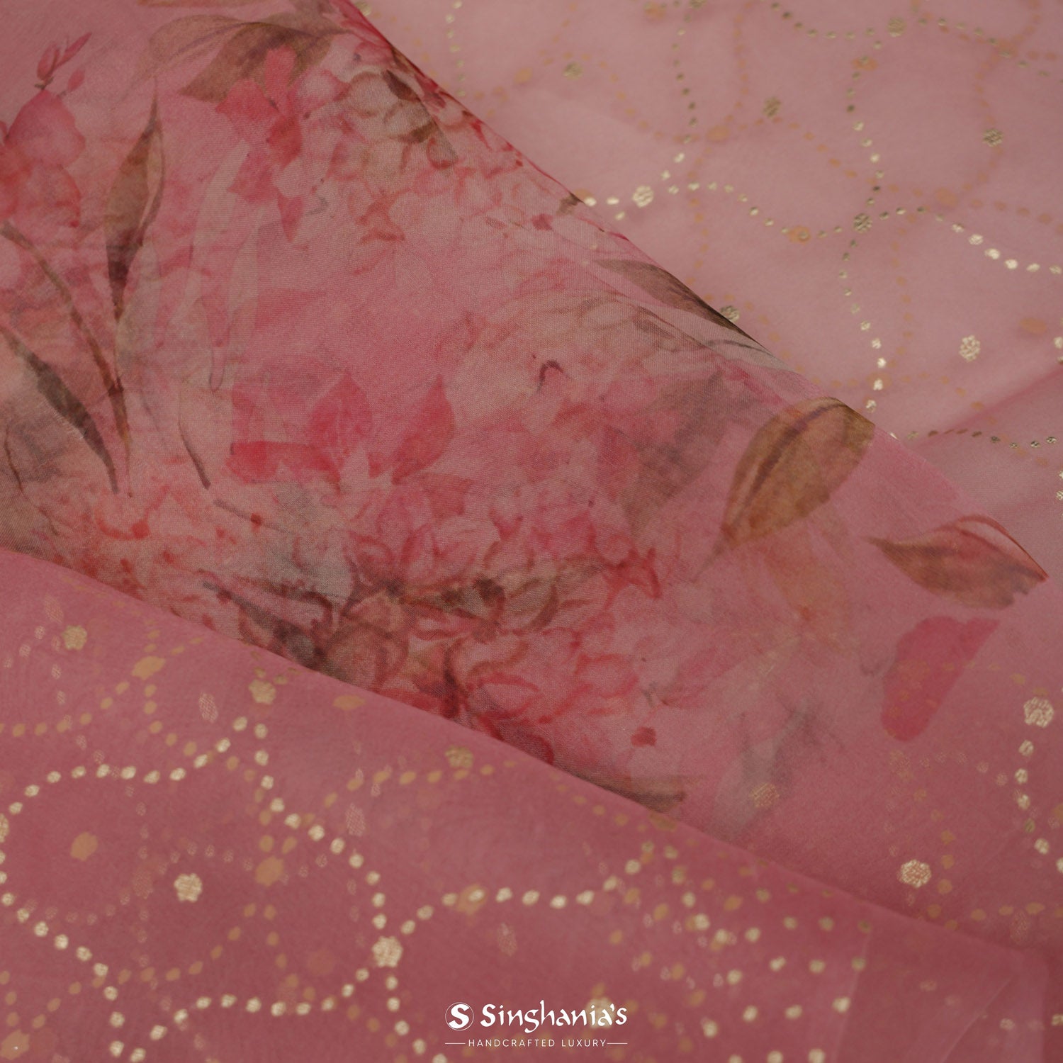 Shimmering Printed Blush Pink Organza Saree With Floral Pattern