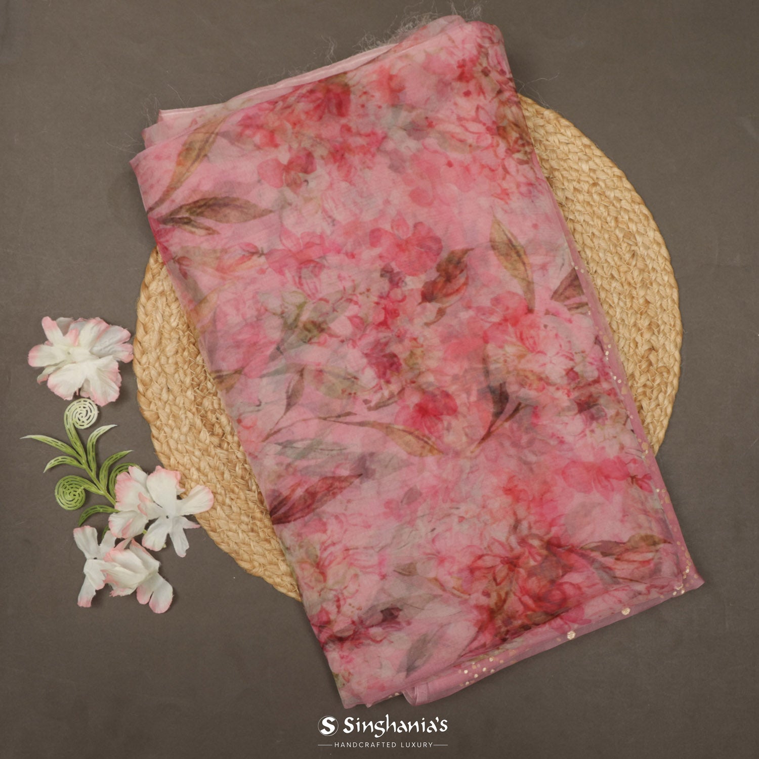 Shimmering Printed Blush Pink Organza Saree With Floral Pattern