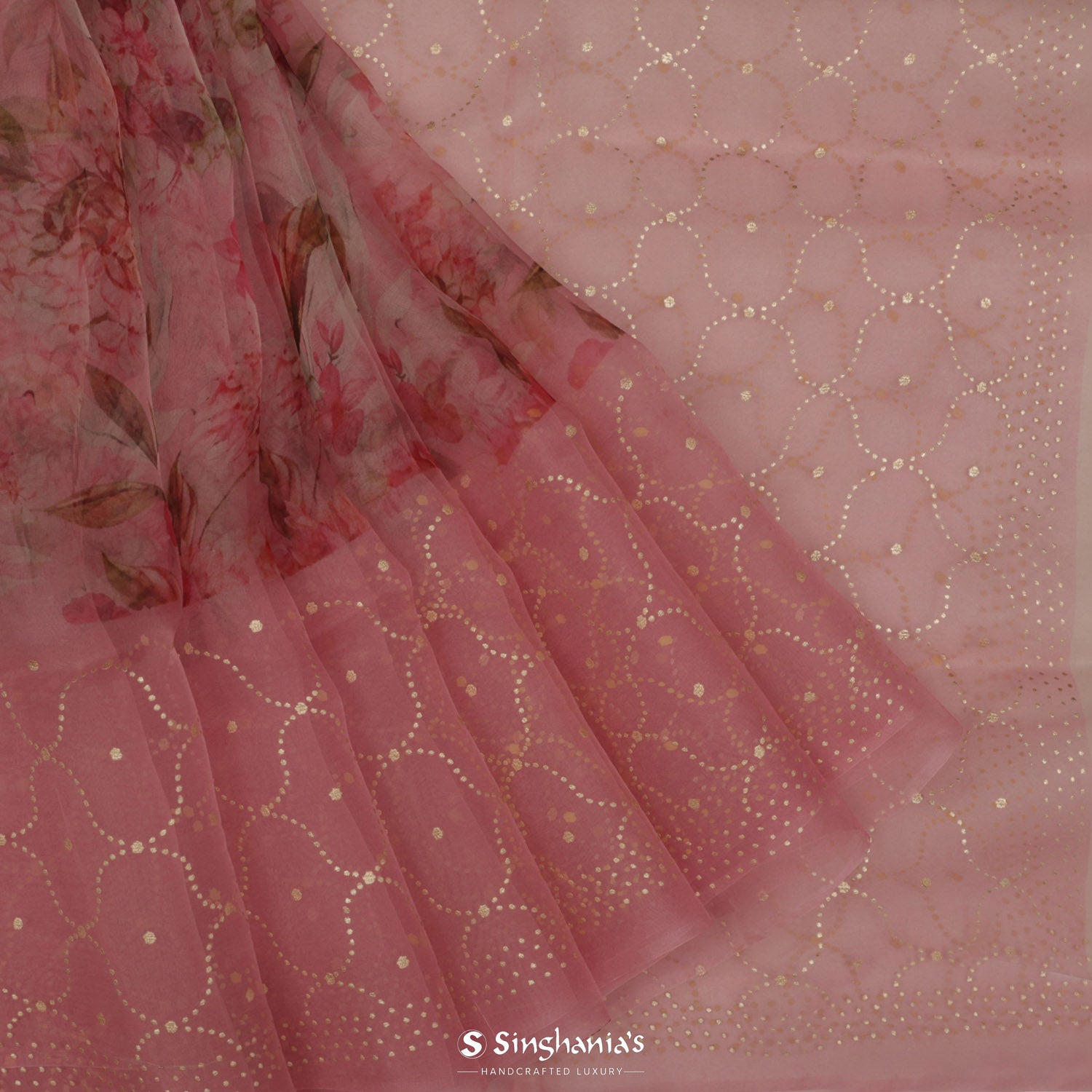 Shimmering Printed Blush Pink Organza Saree With Floral Pattern