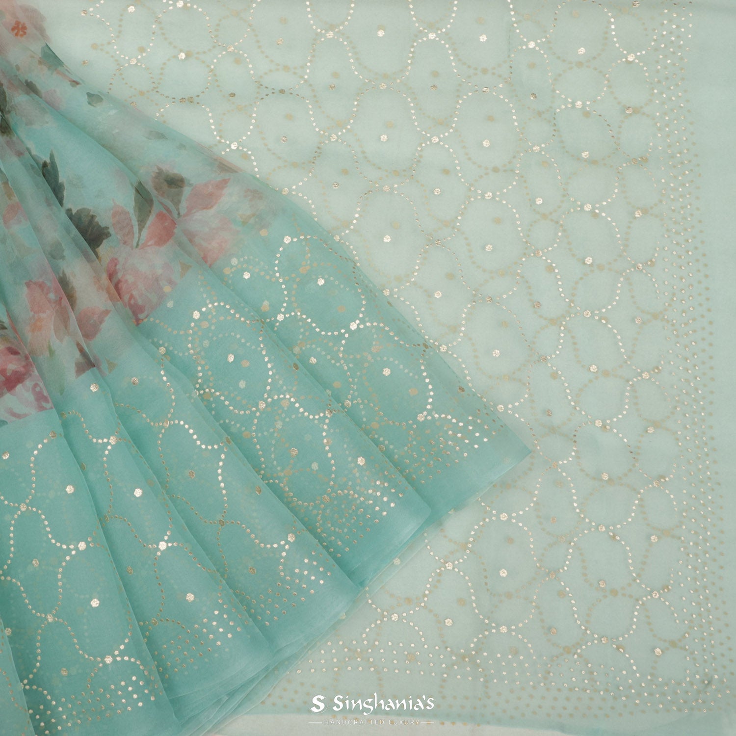 Light Turquoise Blue Printed Organza Saree With Floral Pattern