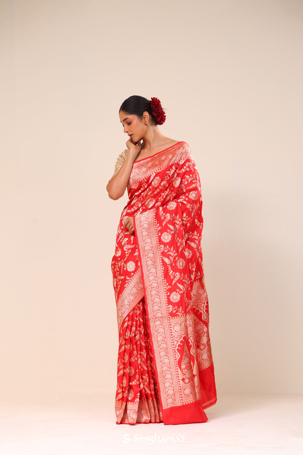 Cardinal Red Chiniya Banarasi Silk Saree