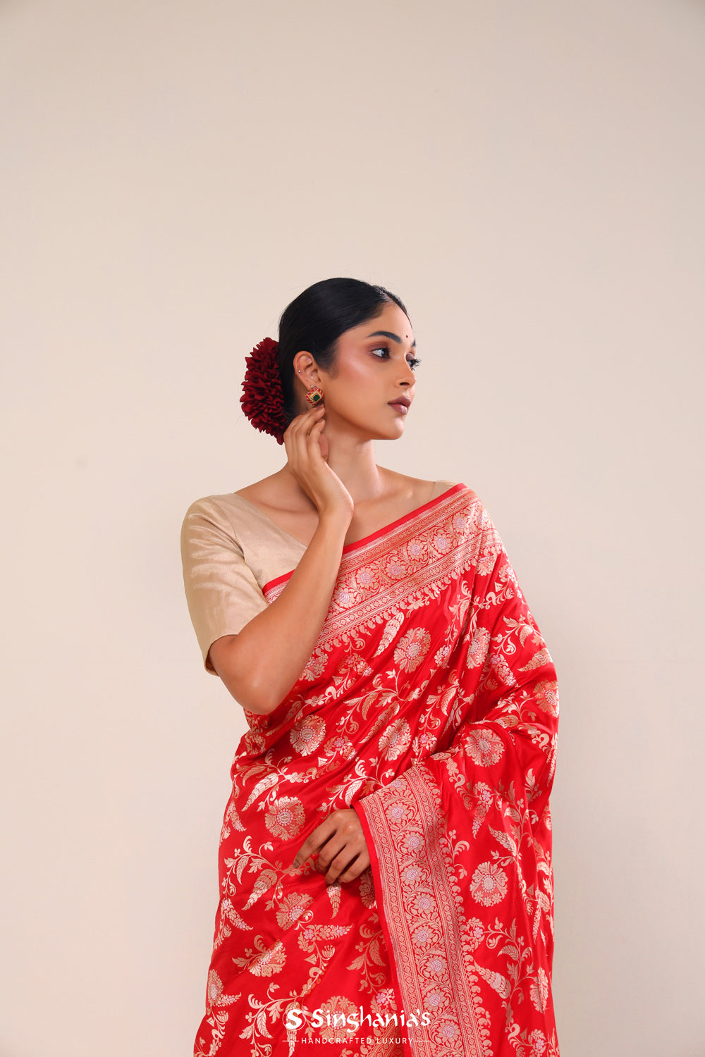 Cardinal Red Chiniya Banarasi Silk Saree