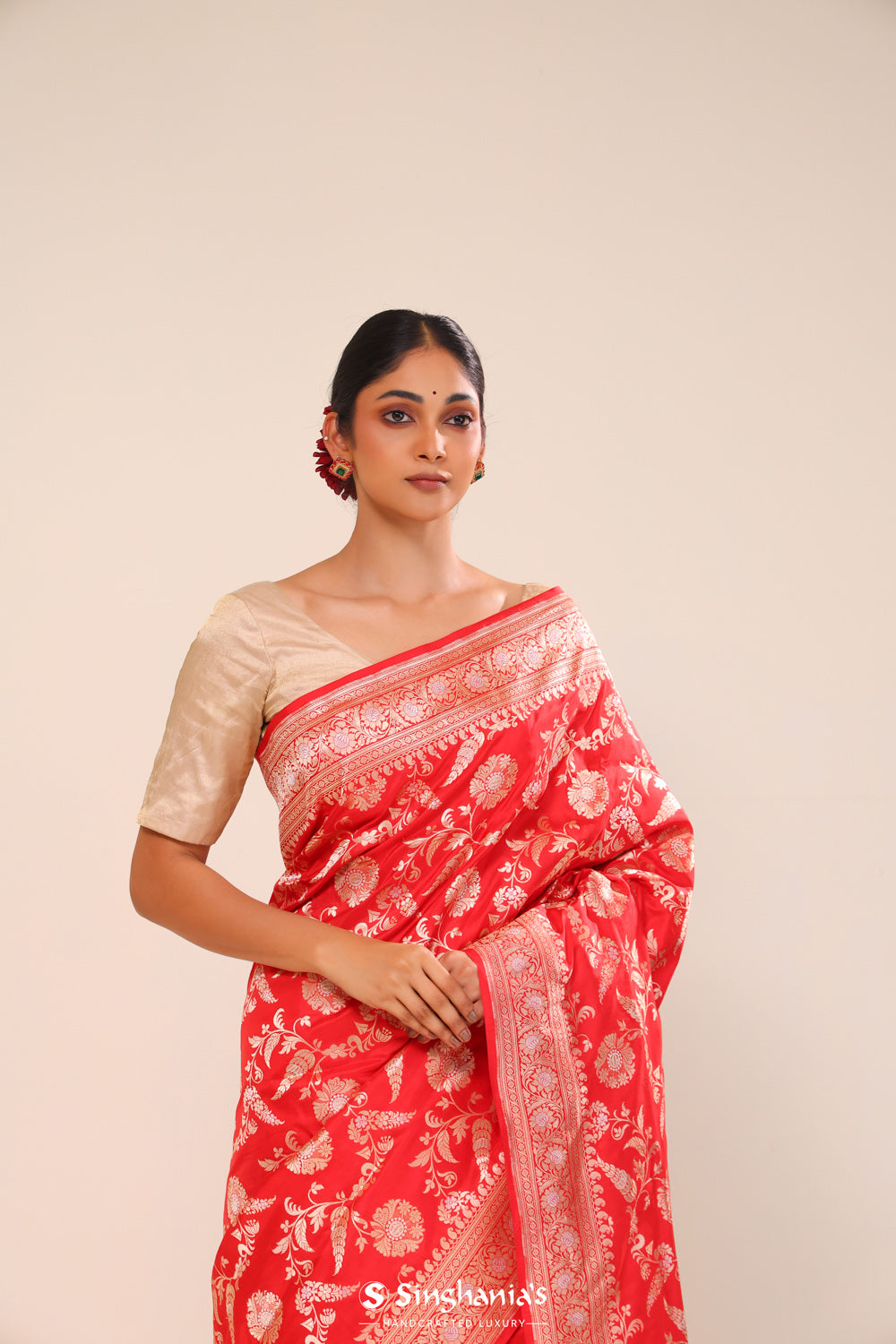 Cardinal Red Chiniya Banarasi Silk Saree