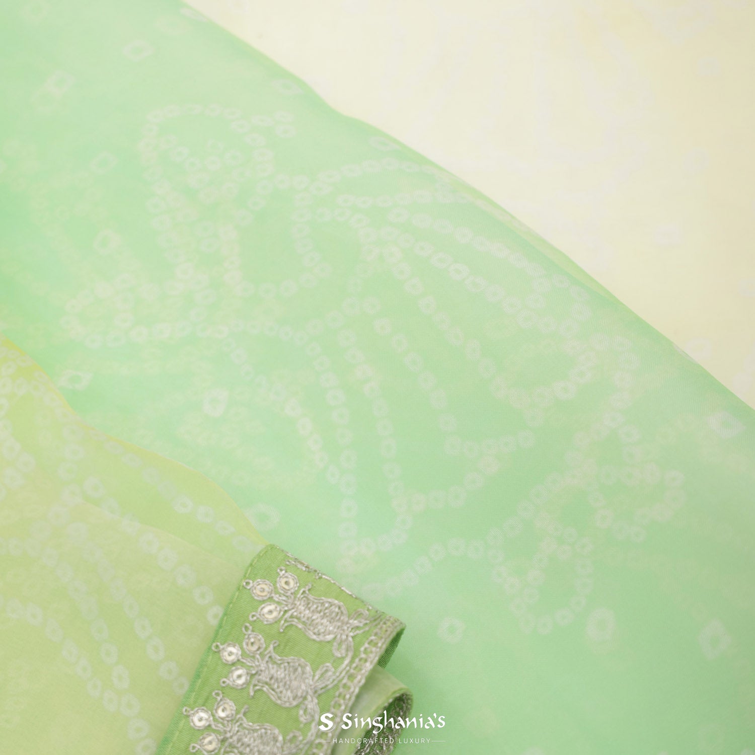 Tea Green Organza Saree With Bandhani Pattern