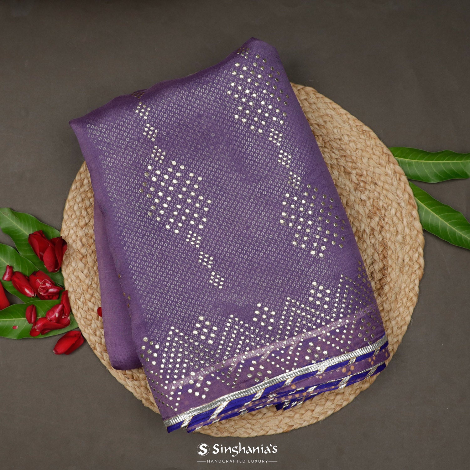 Deep Lavender Printed Organza Saree With Mukaish Work