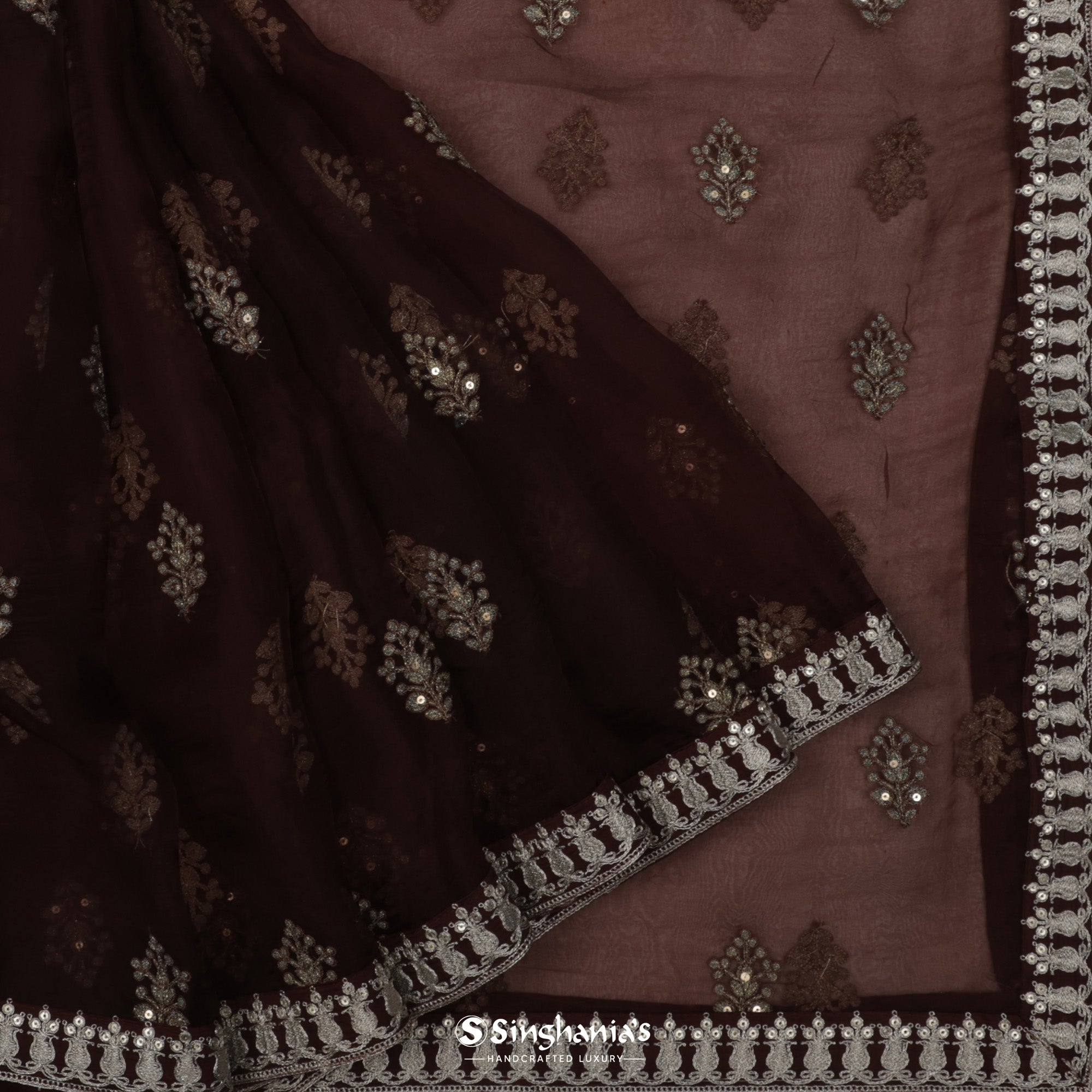Deep Brown Organza Saree With Embroidery