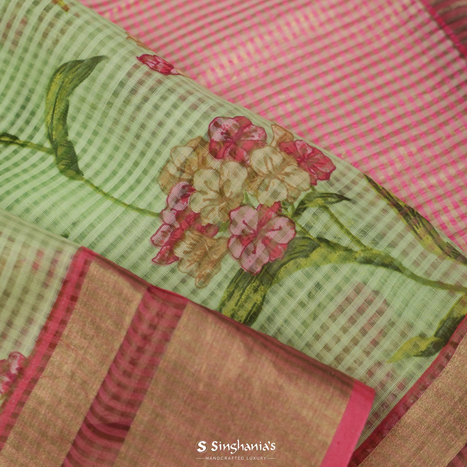 Nyanza Green Printed Maheshwari Saree With Floral Pattern