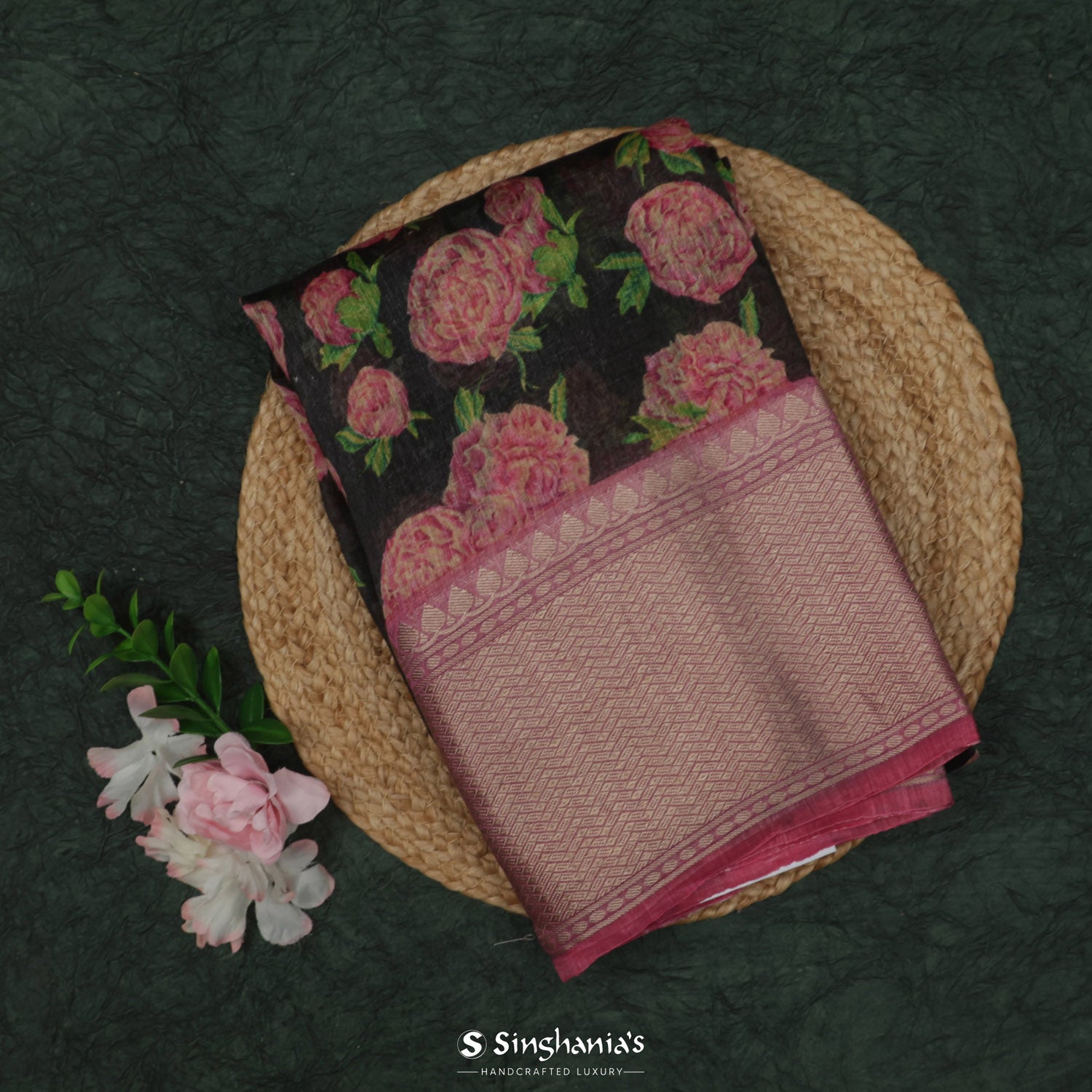 Black Olive Printed Linen Saree With Floral Pattern