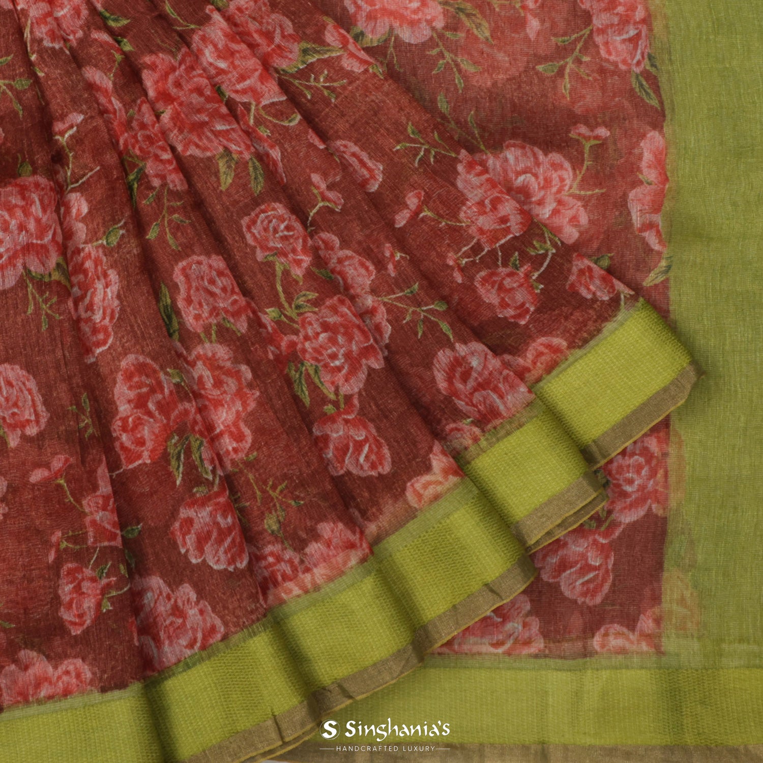 Mecca Orange Linen Saree With Printed Floral Pattern