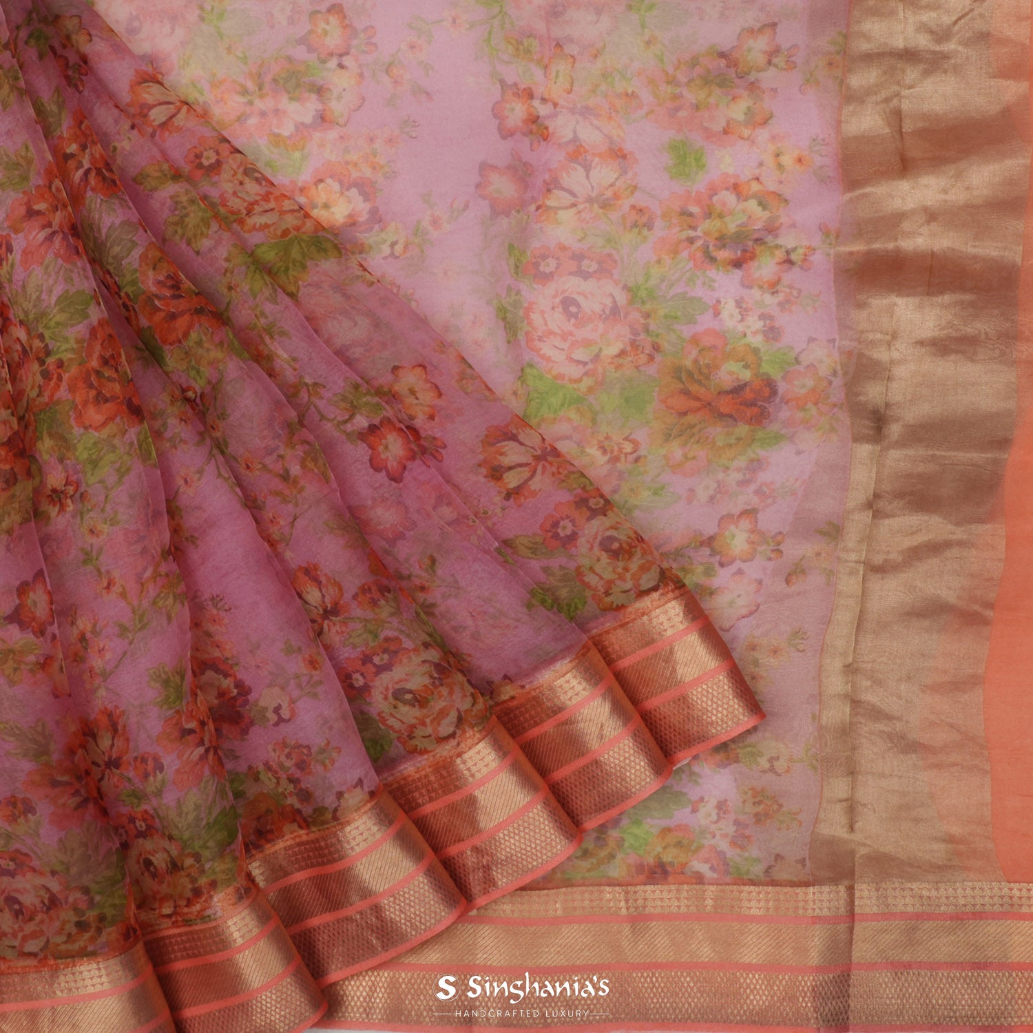 Middle Purple Organza Printed Saree With Floral Pattern