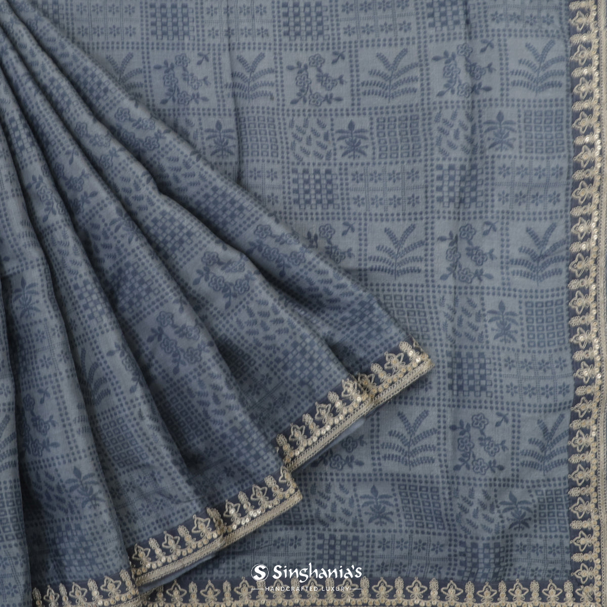 Oxford Gray Tussar Silk Saree With Printed Floral-Leaves Pattern