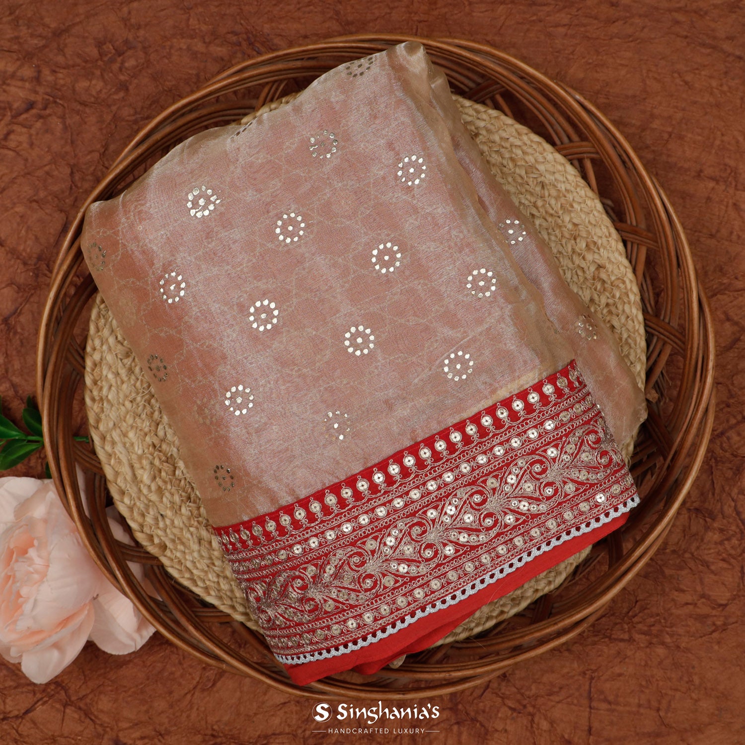 Peach Beige Printed Tissue Saree With Floral Pattern