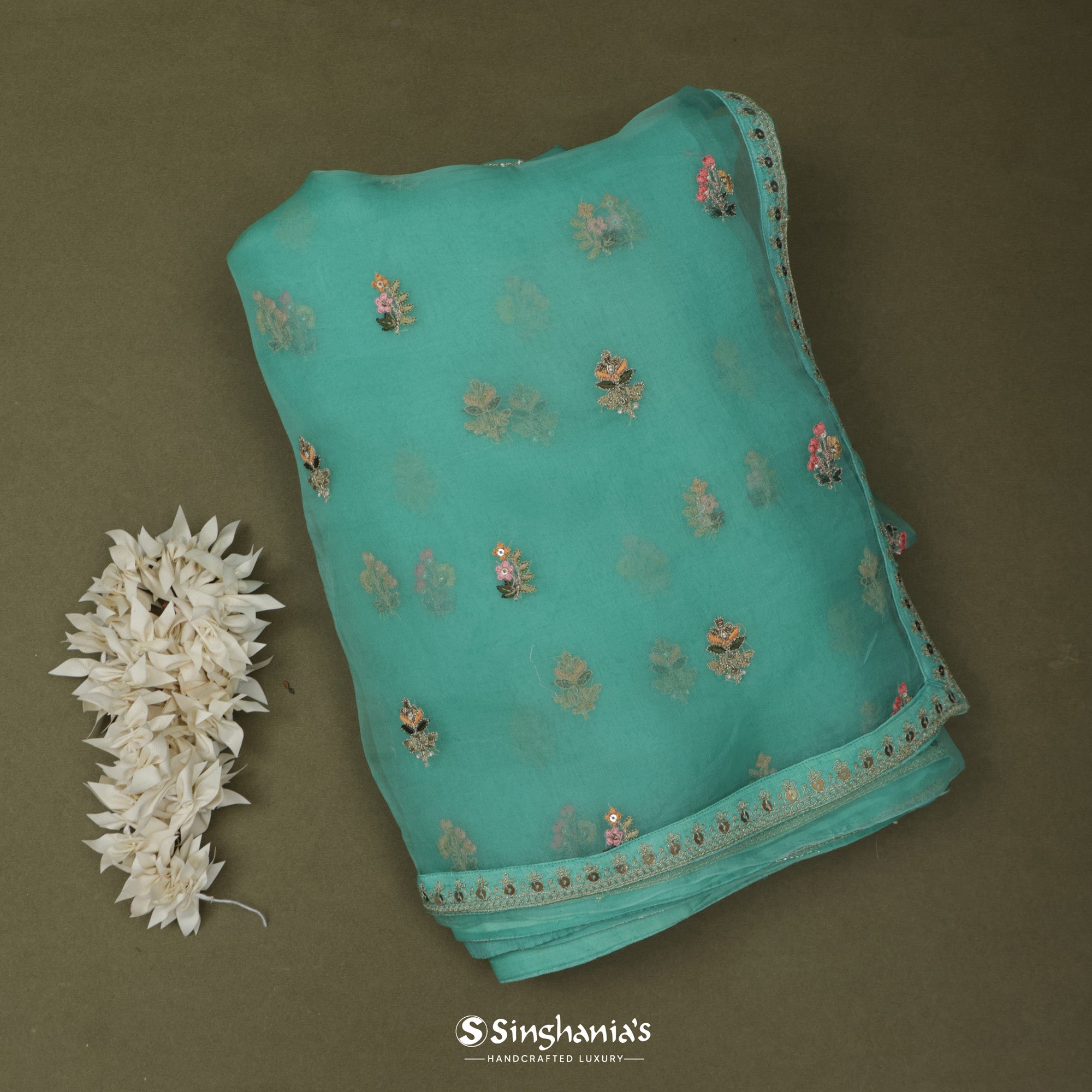 Tiffany Blue Organza Saree With Embroidery