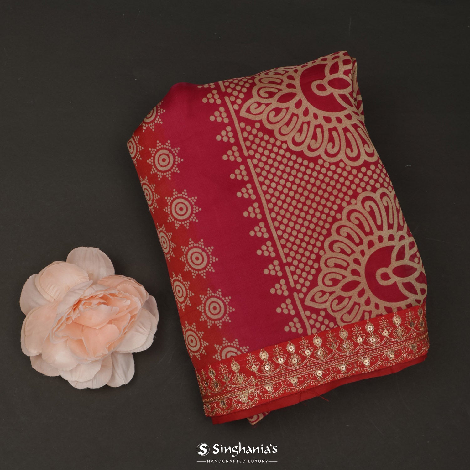 Persian Red Tussar Silk Saree With Hand Embroidery