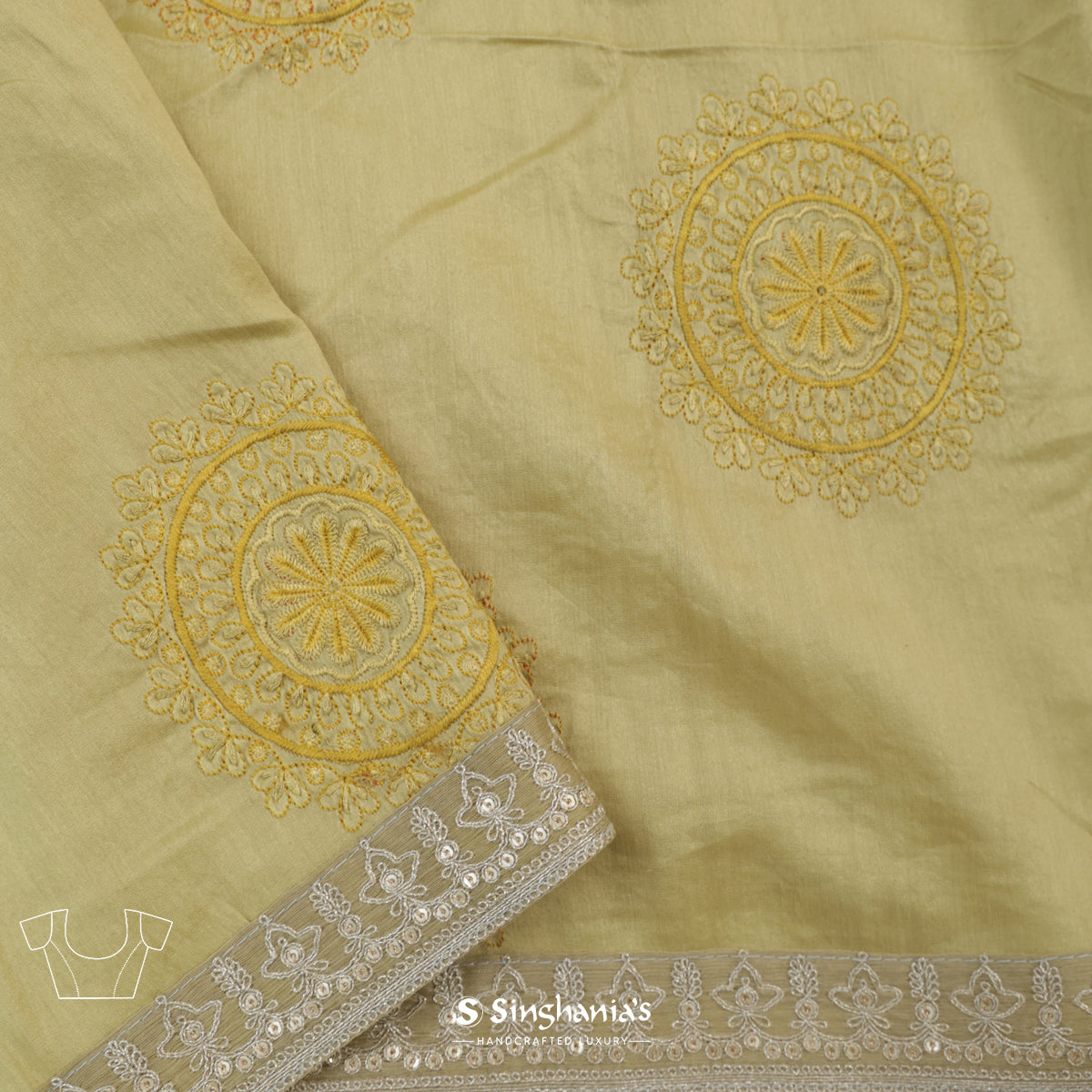 Camouflage Yellow Tussar Silk Saree With Printed Floral-Leaves Pattern
