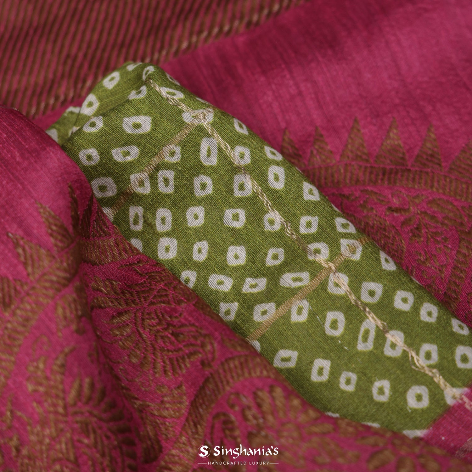 Moss Green Matka Printed Silk Saree With Bandhani Pattern