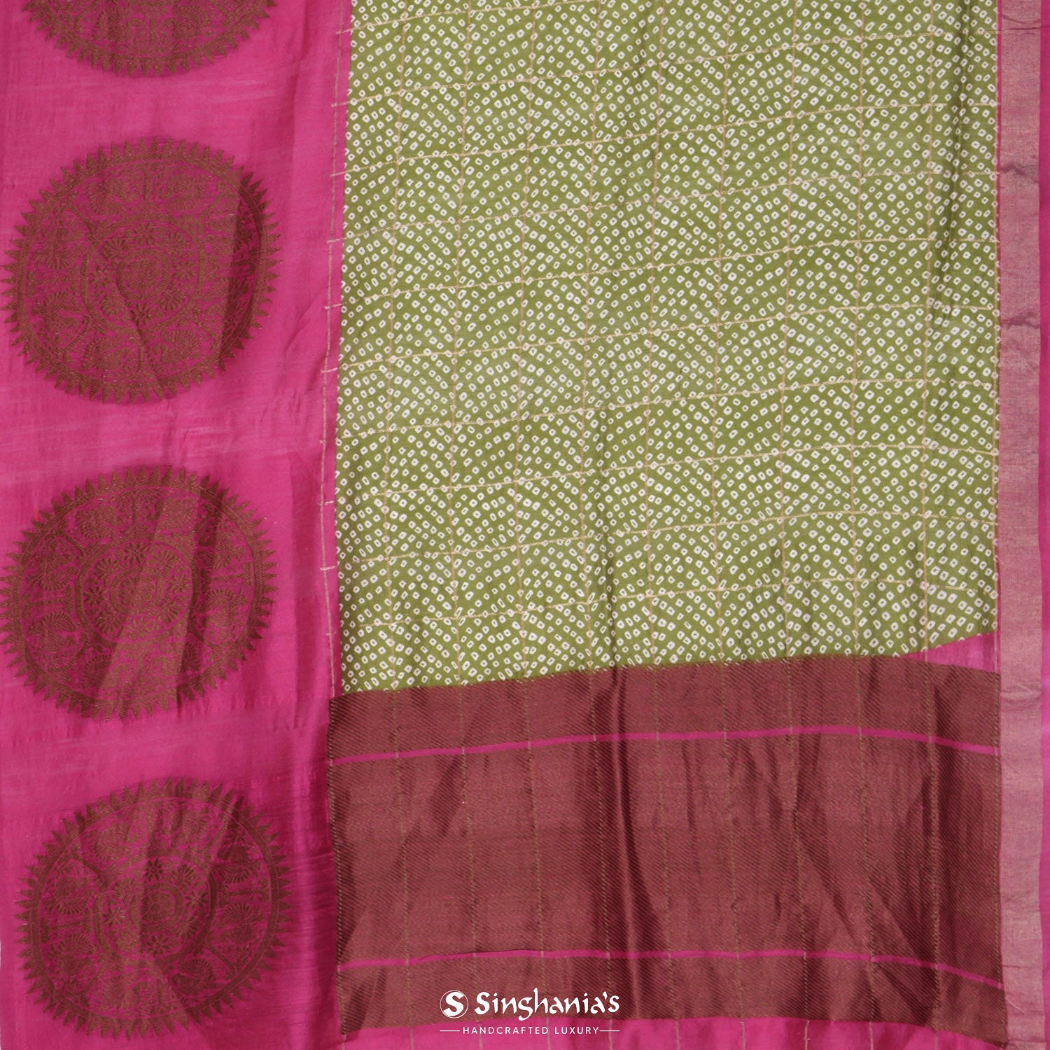 Moss Green Matka Printed Silk Saree With Bandhani Pattern