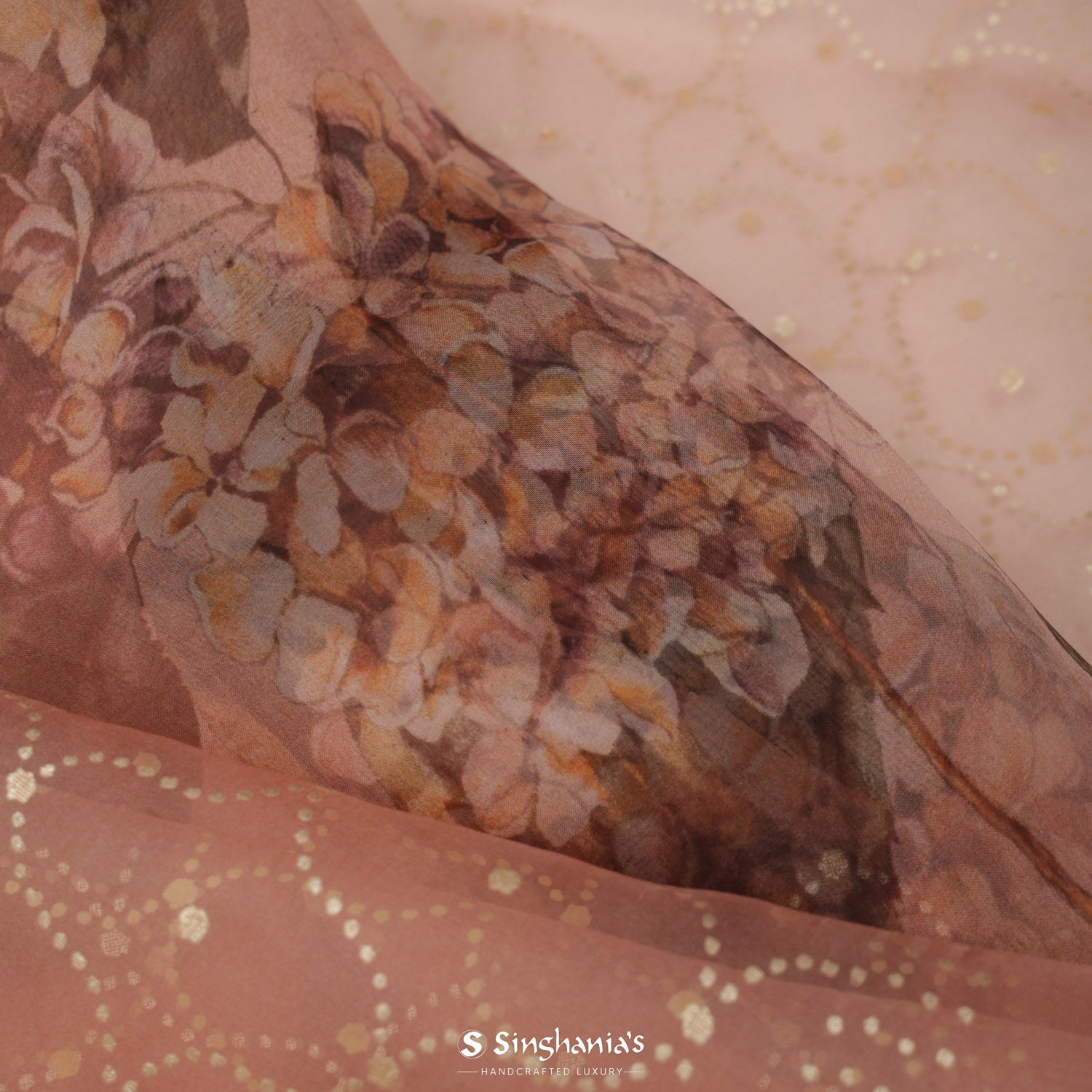 Vivid Peach Printed Organza Saree With Mukaish Work