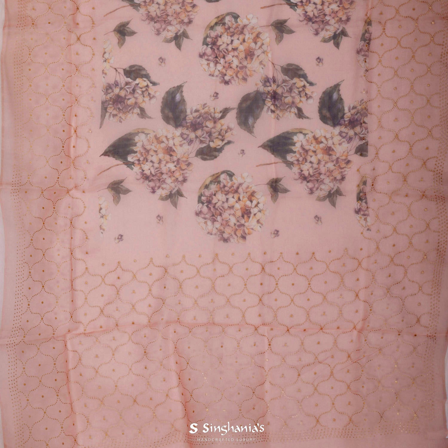 Vivid Peach Printed Organza Saree With Mukaish Work