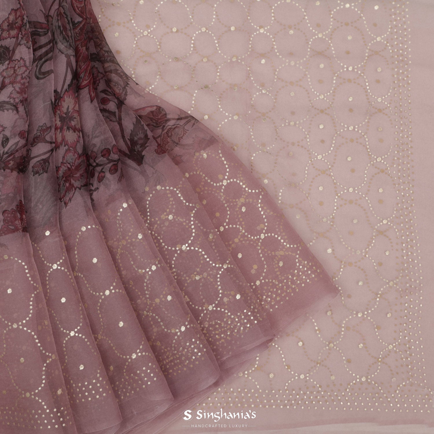 Silvery Pink Printed Organza Saree With Floral Pattern