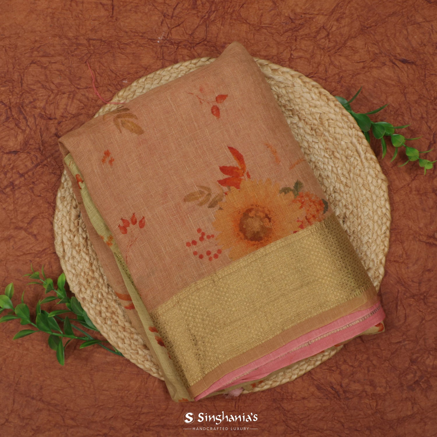 Pale And Peachy Pink Printed Linen Saree With Floral Pattern