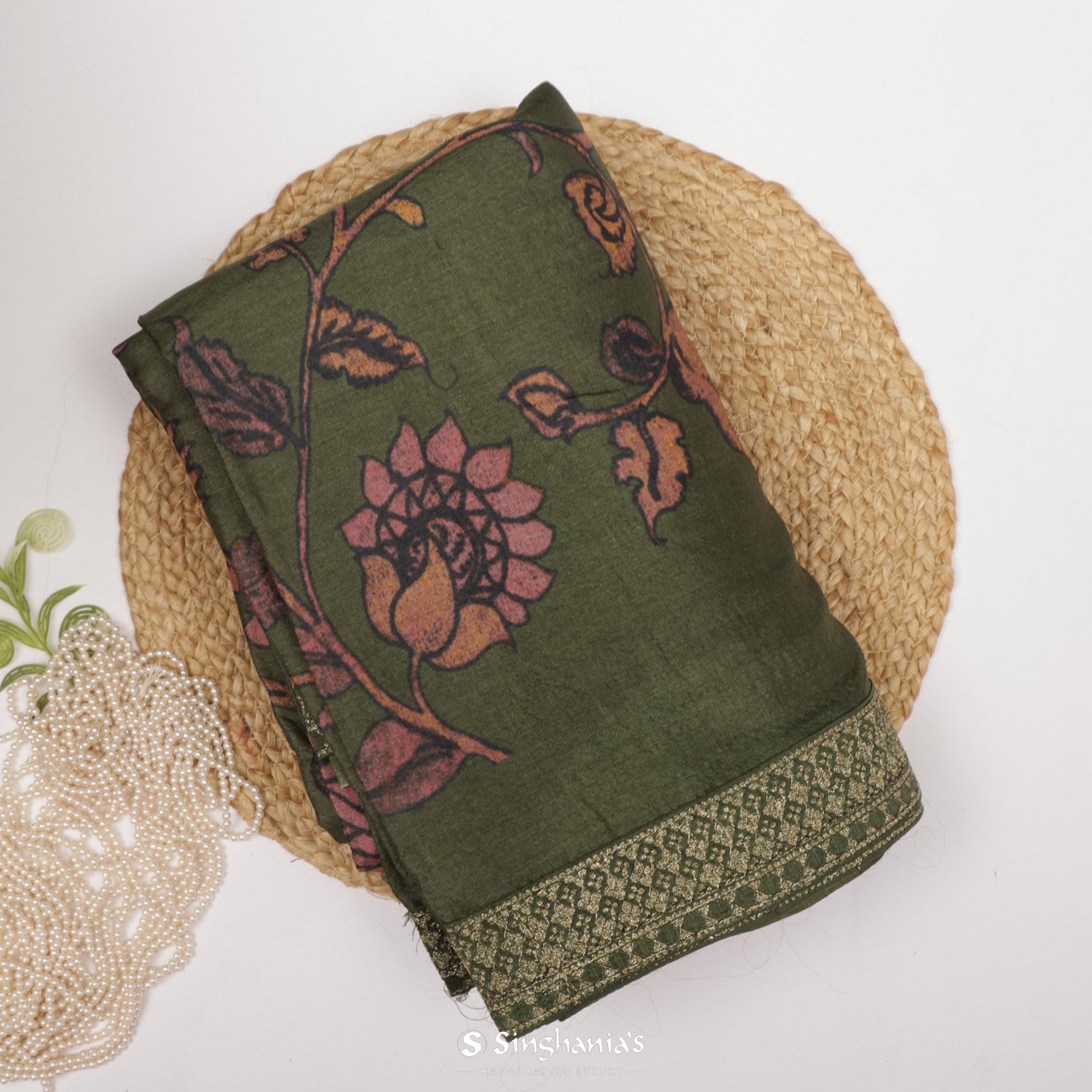 Rifle Green Tussar Silk Saree With Printed Floral Pattern