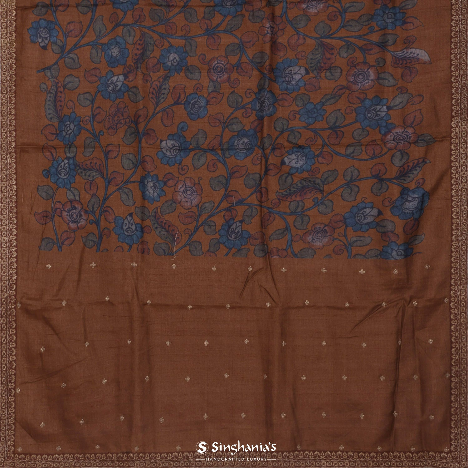 Ash Brown Tussar Silk Saree With Printed Floral Pattern