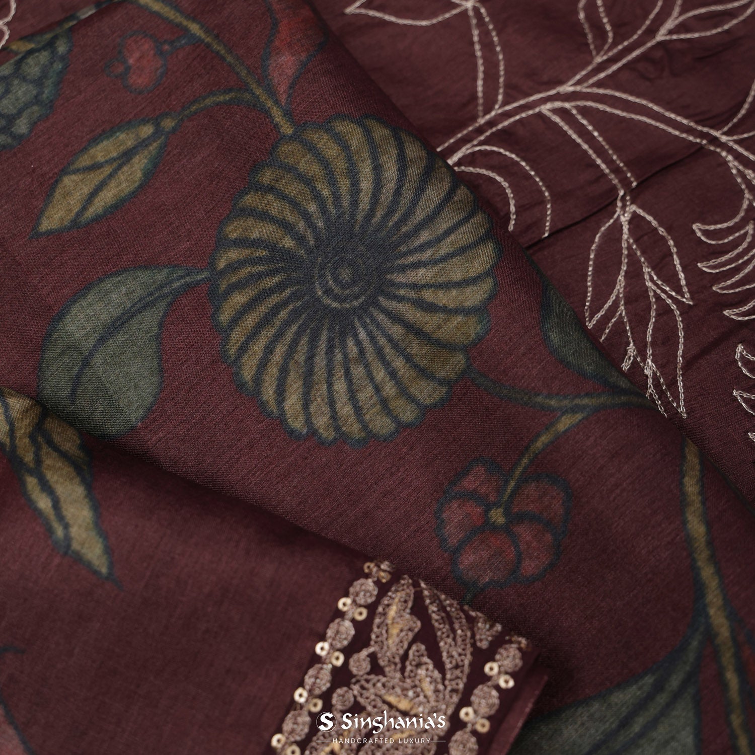 Brown Stone Printed Tussar Silk Saree With Floral And Gota Patti Design