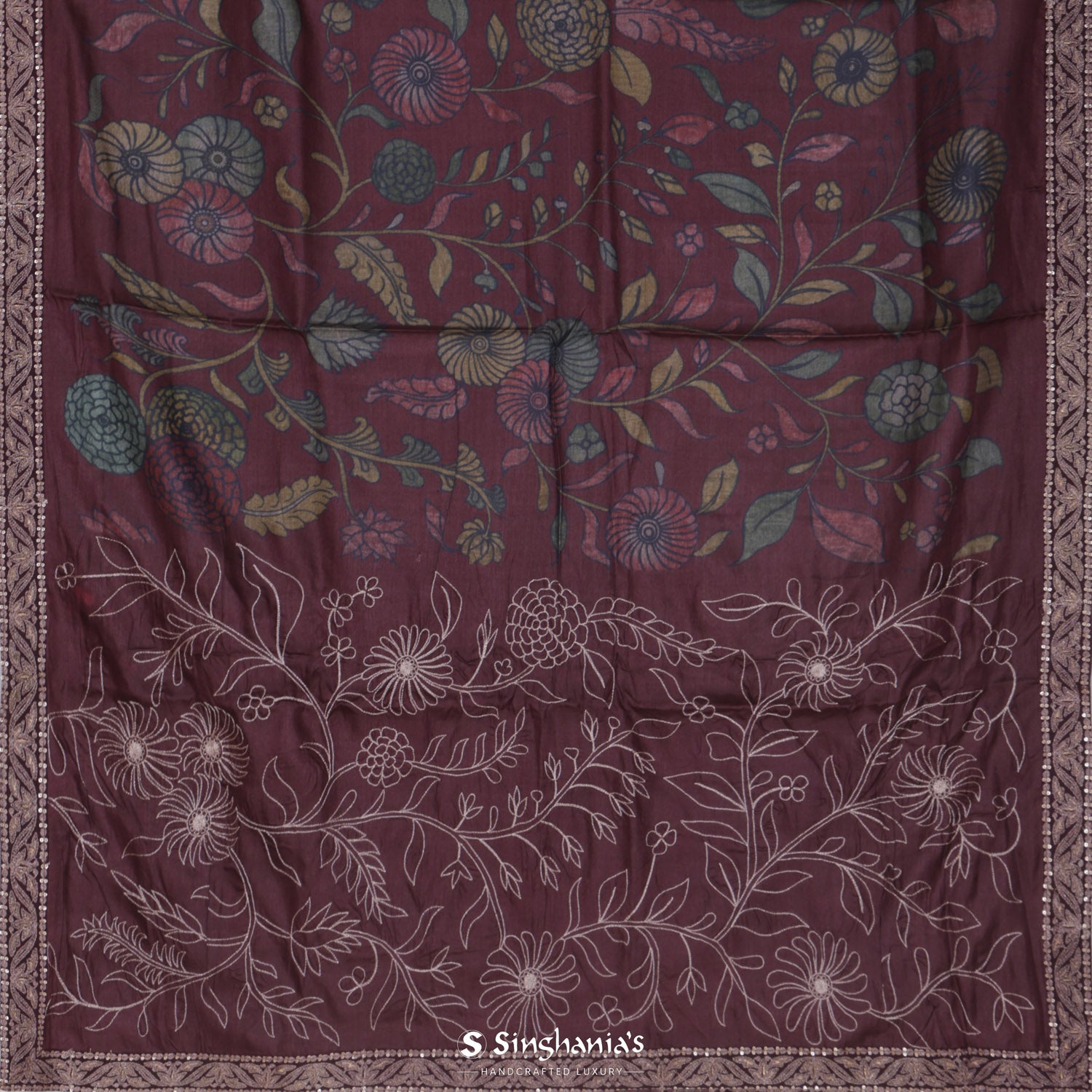 Brown Stone Printed Tussar Silk Saree With Floral And Gota Patti Design