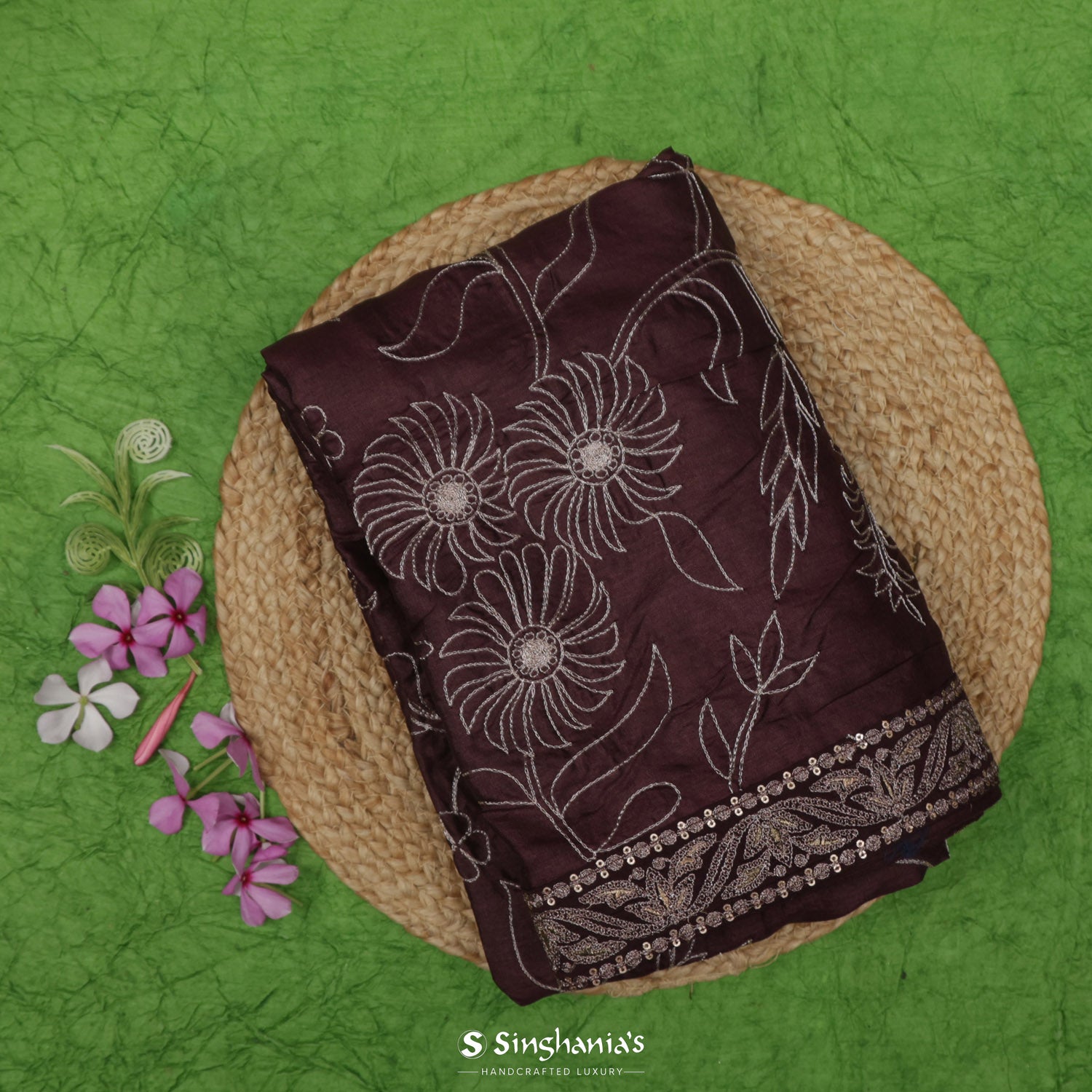 Brown Stone Printed Tussar Silk Saree With Floral And Gota Patti Design