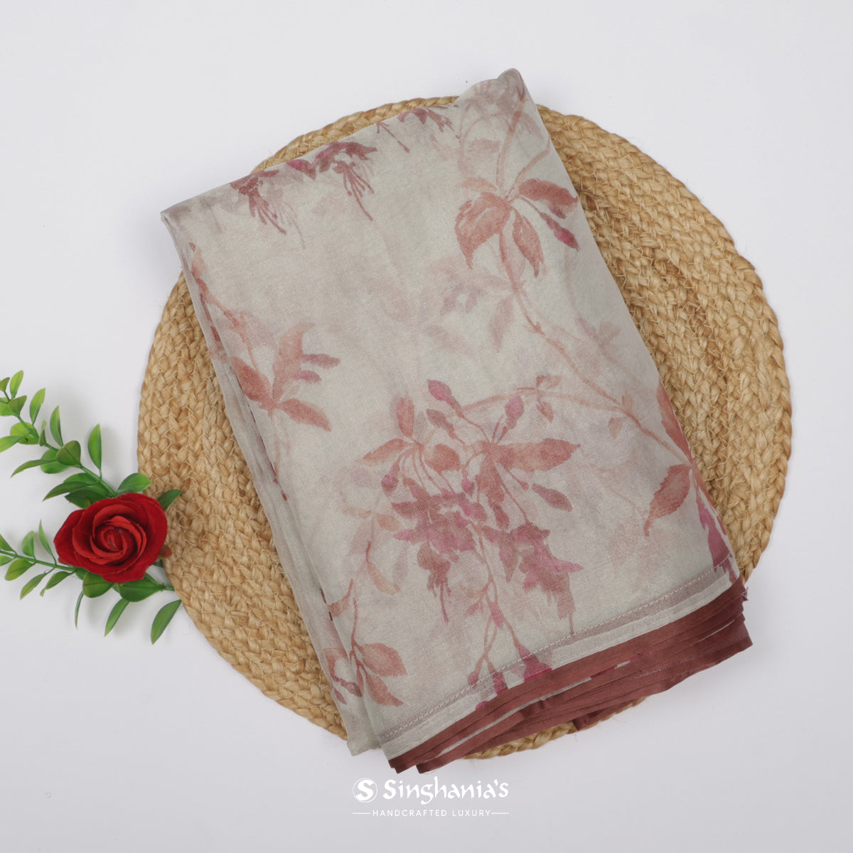 Spring White Printed Tissue Saree With Floral Pattern