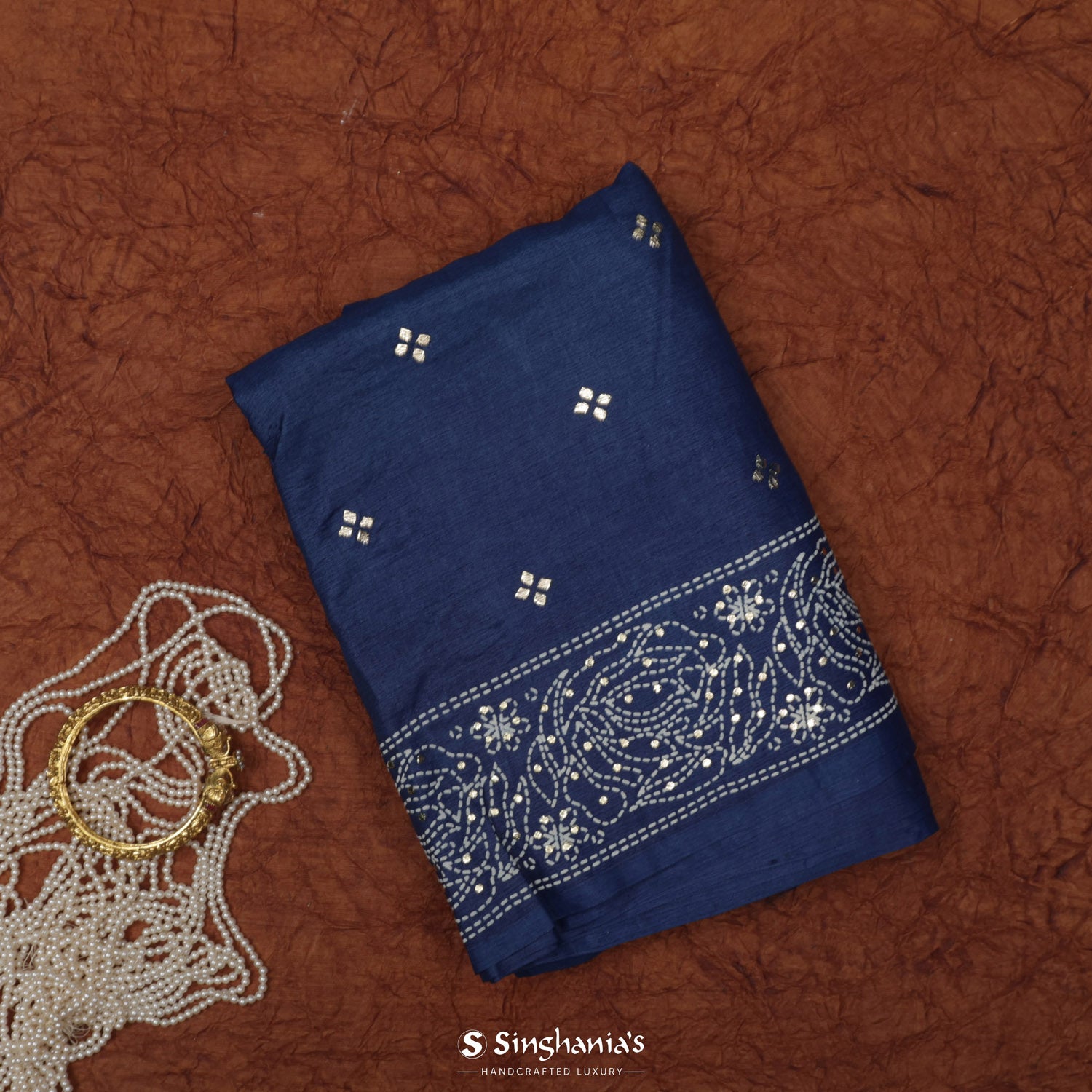 Admiral Blue Printed Tussar Silk Saree With Kantha Inspired Pattern