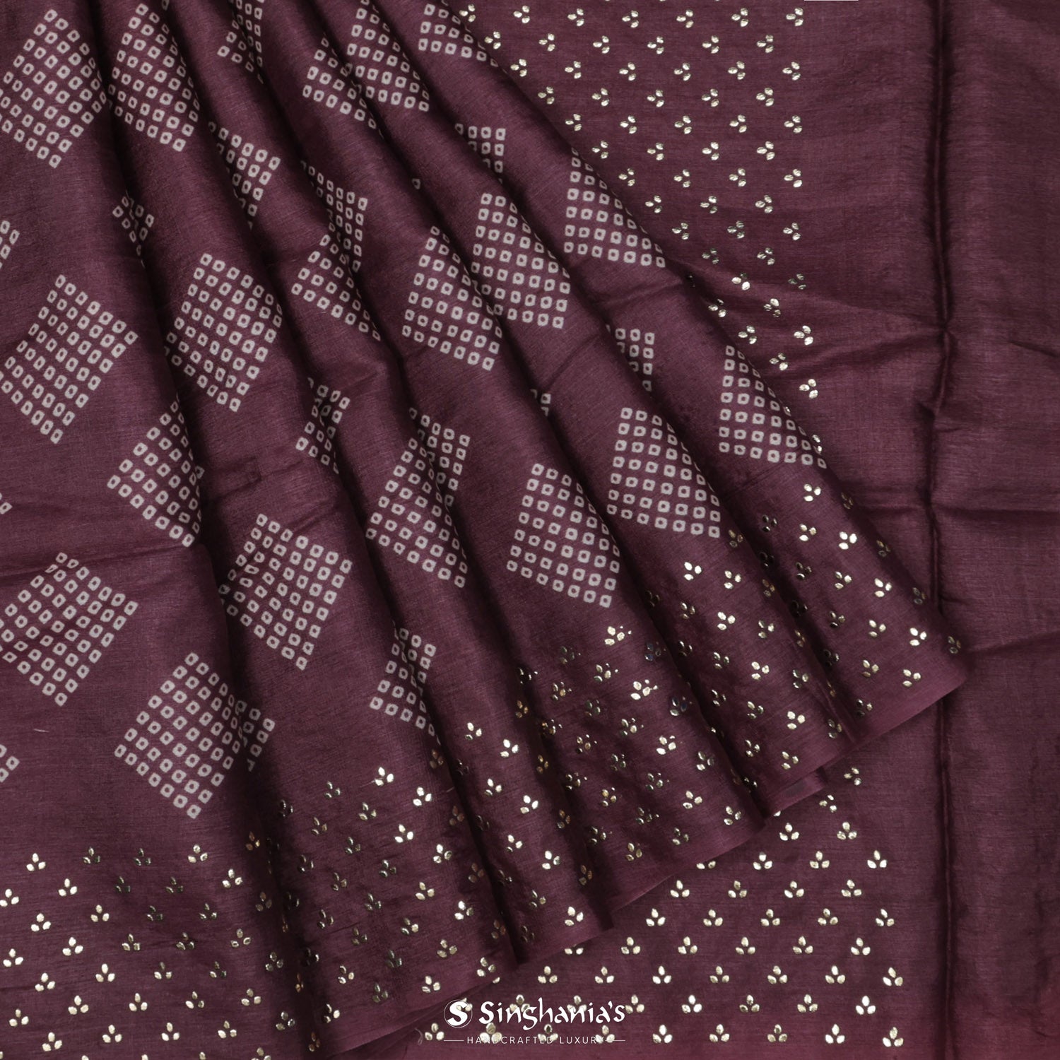 Purple Violet Printed Tussar Saree With Mukaish Work