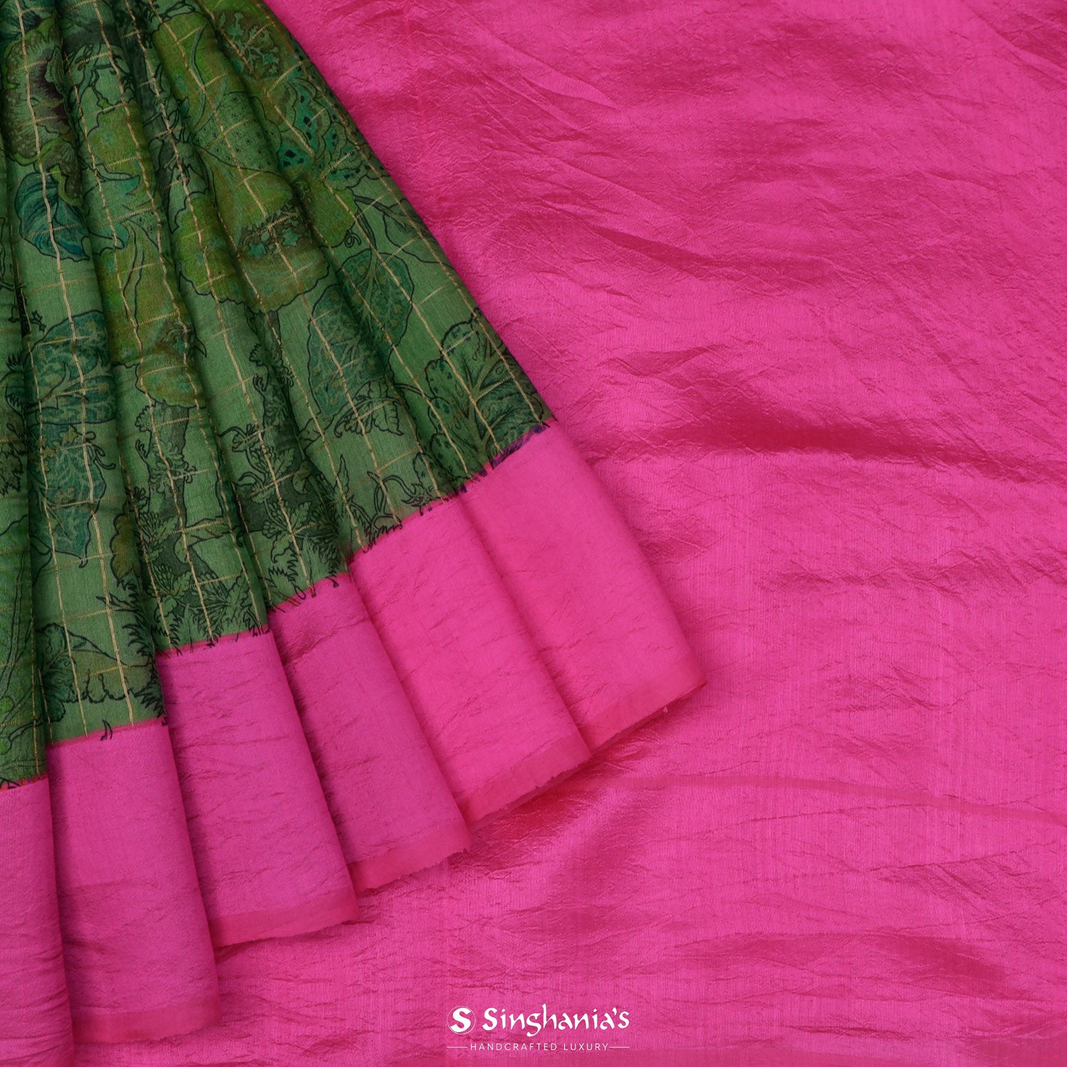 Russian Green Printed Matka Silk Saree With Floral Pattern On Checks