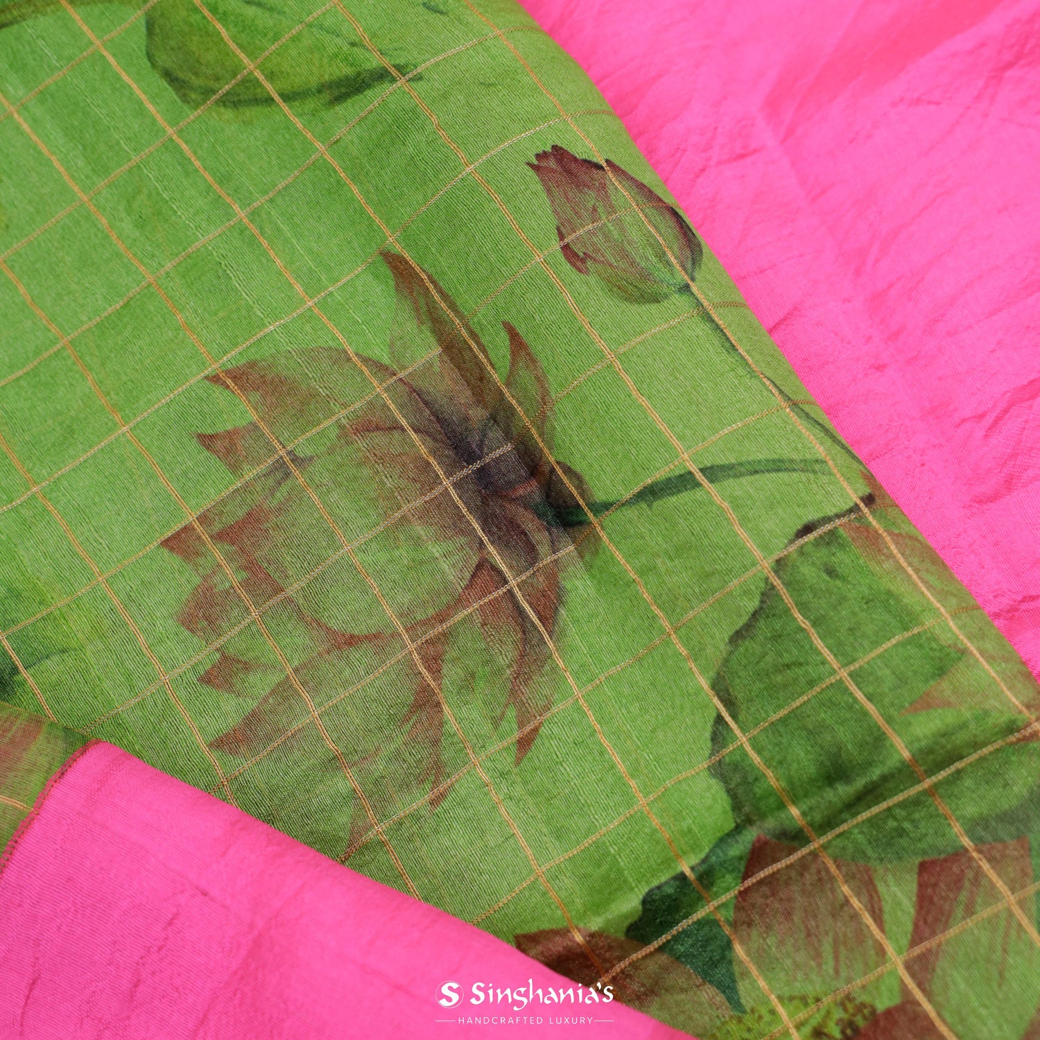 Parrot Green Printed Matka Saree With Checks Pattern