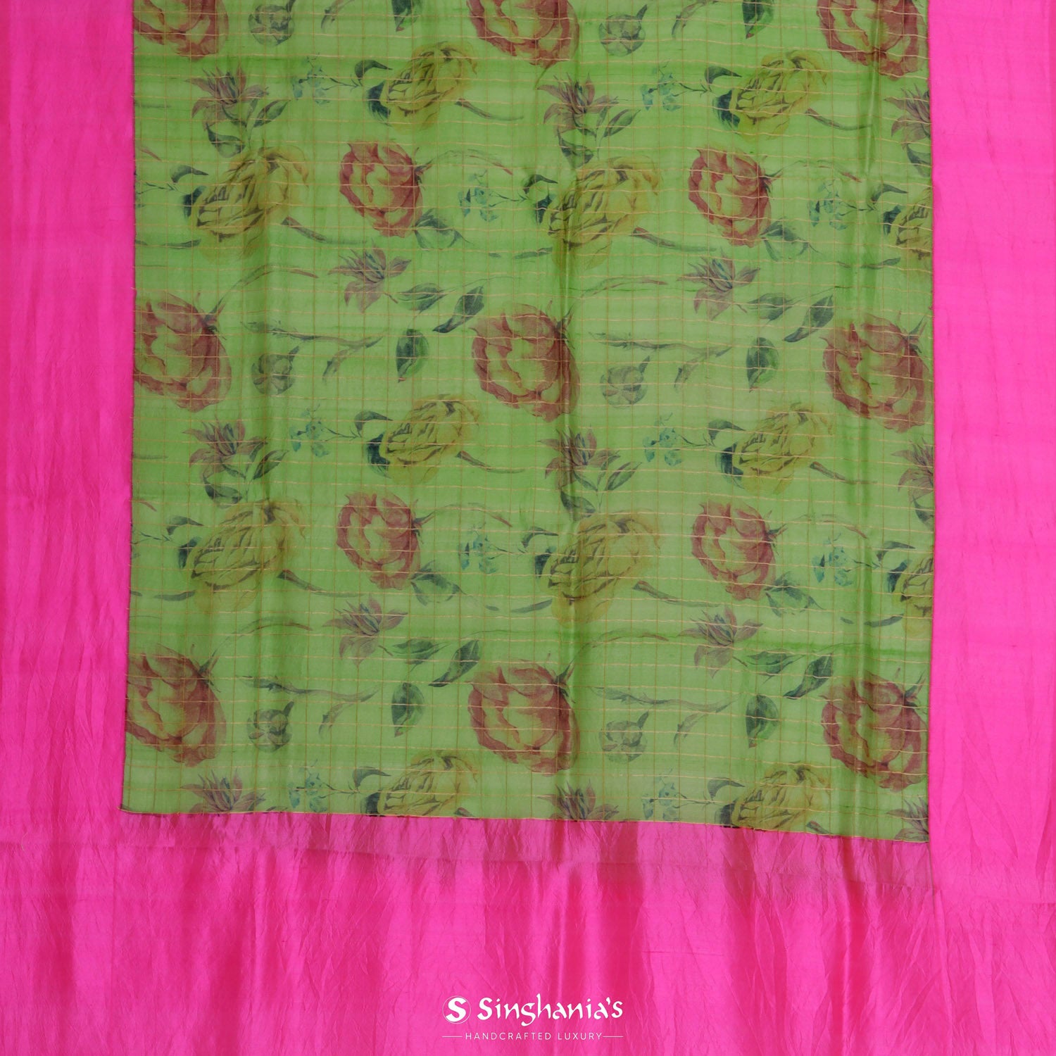 Mantis Green Printed Matka Silk Saree With Floral Pattern
