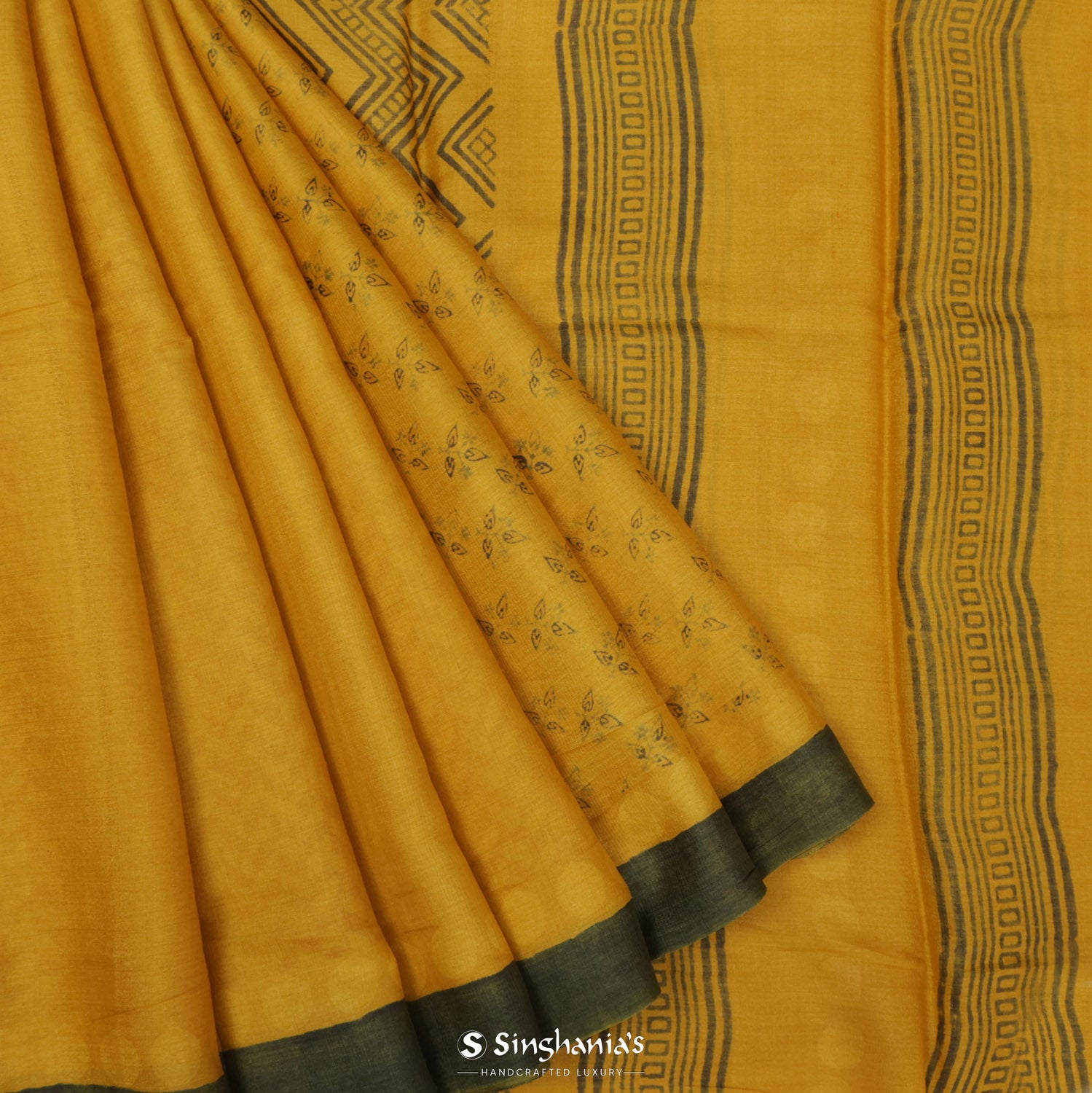 Traffic Yellow Printed Tussar Saree With Floral Pattern