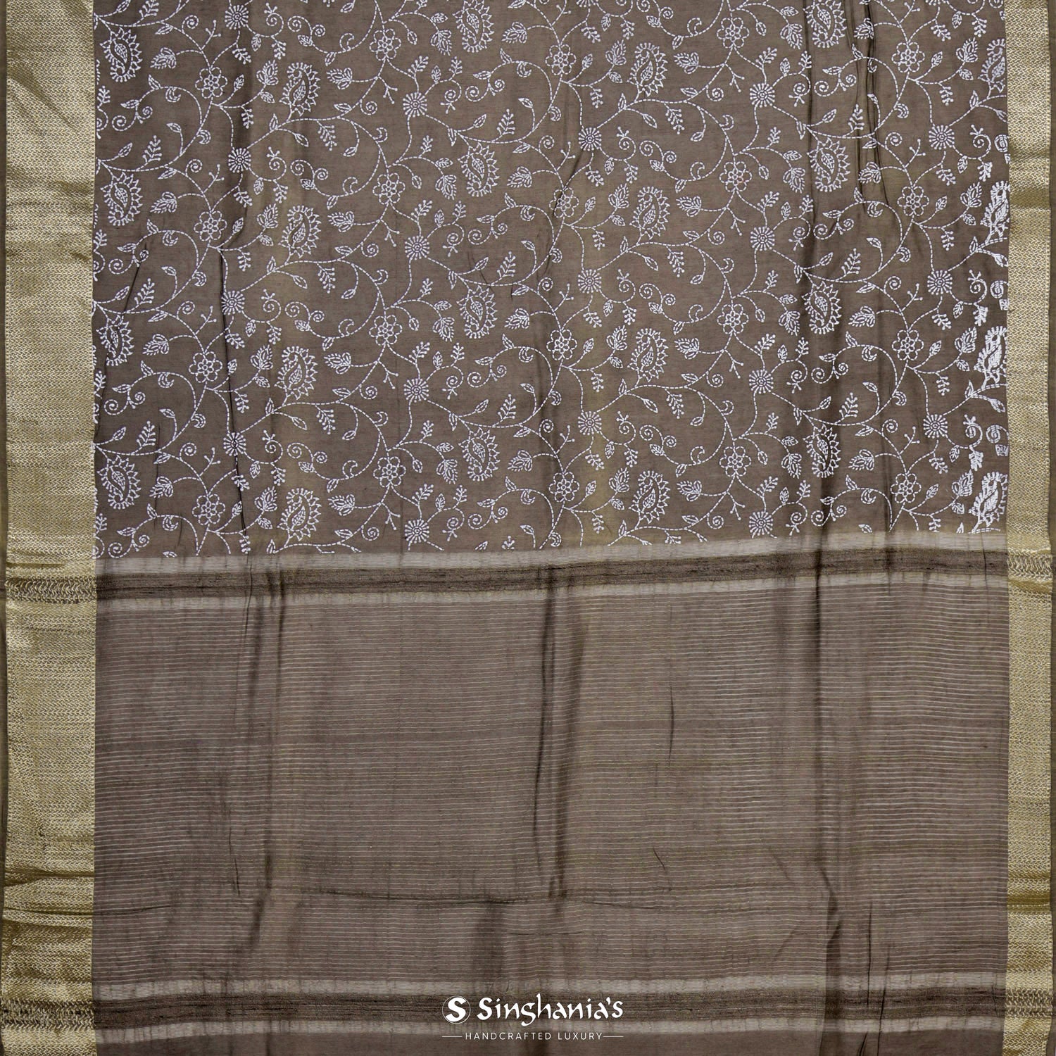 Dark Wood Brown Printed Silk Saree With Floral Pattern