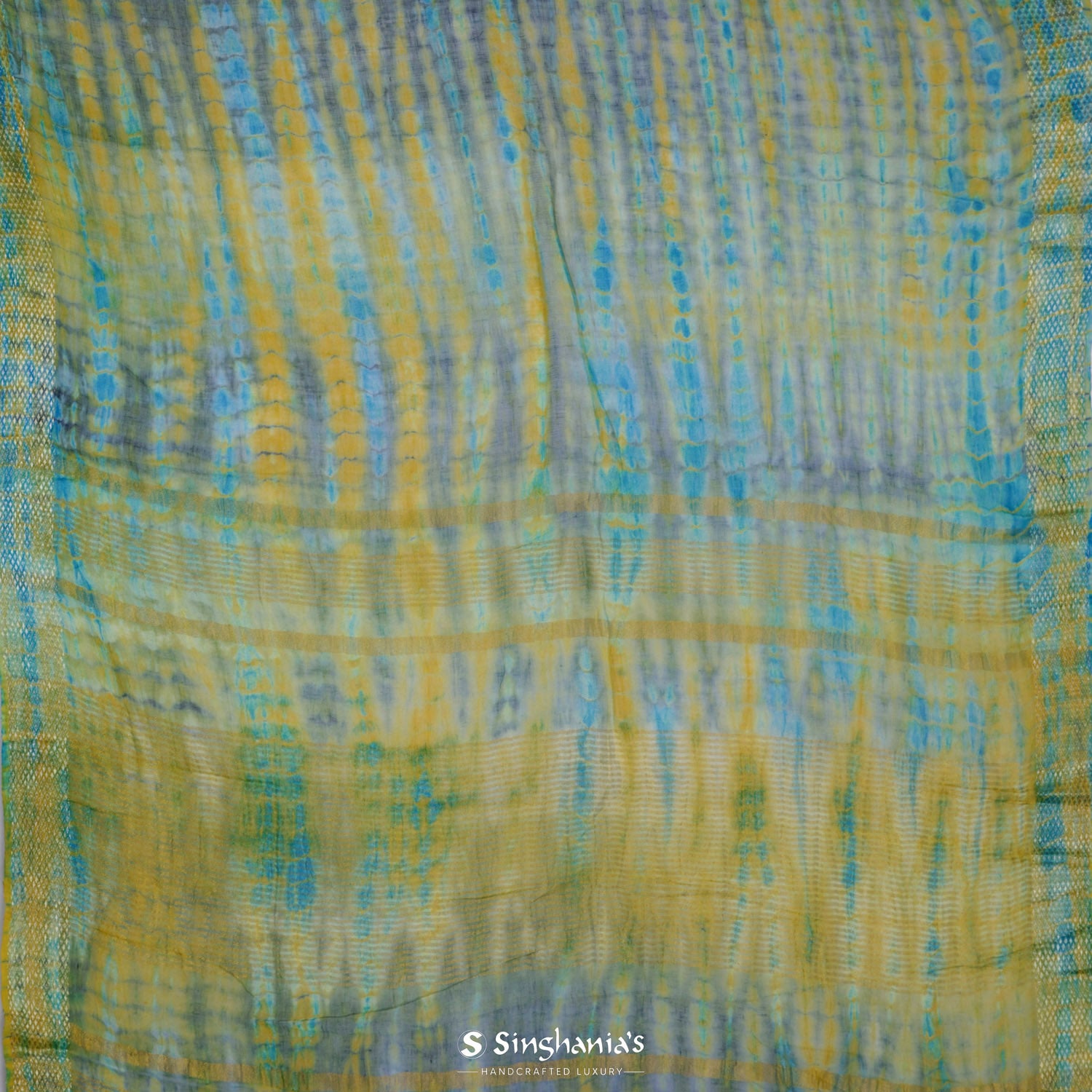 Flax Yellow Printed Linen Saree With Shibori Print Pattern