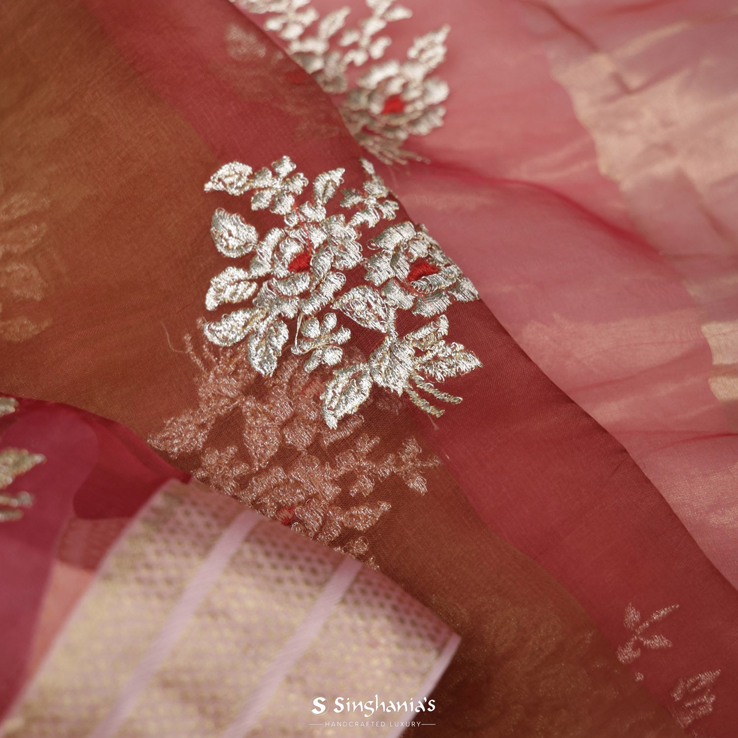 Punch Pink Organza Saree With Printed Floral Pattern
