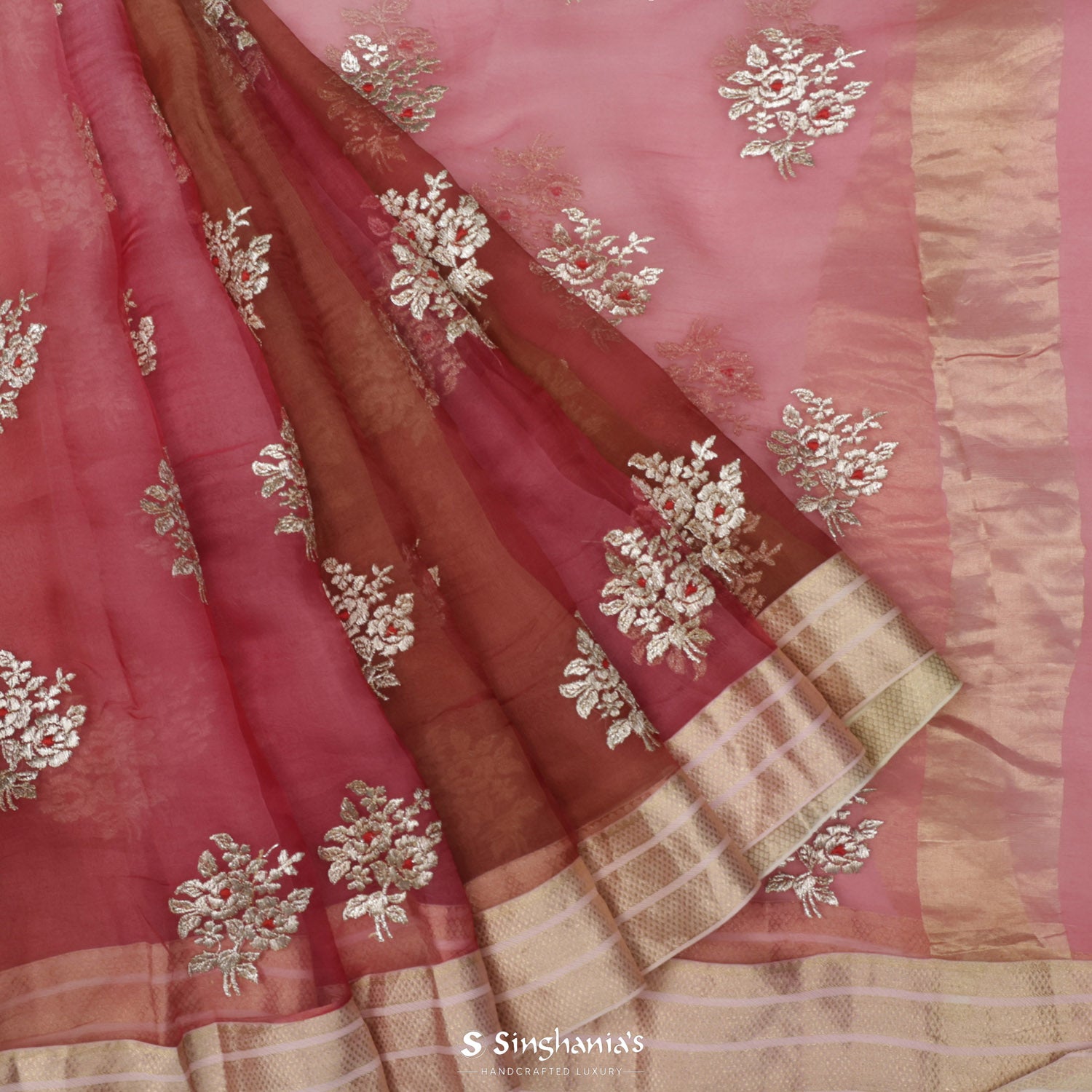 Punch Pink Organza Saree With Printed Floral Pattern